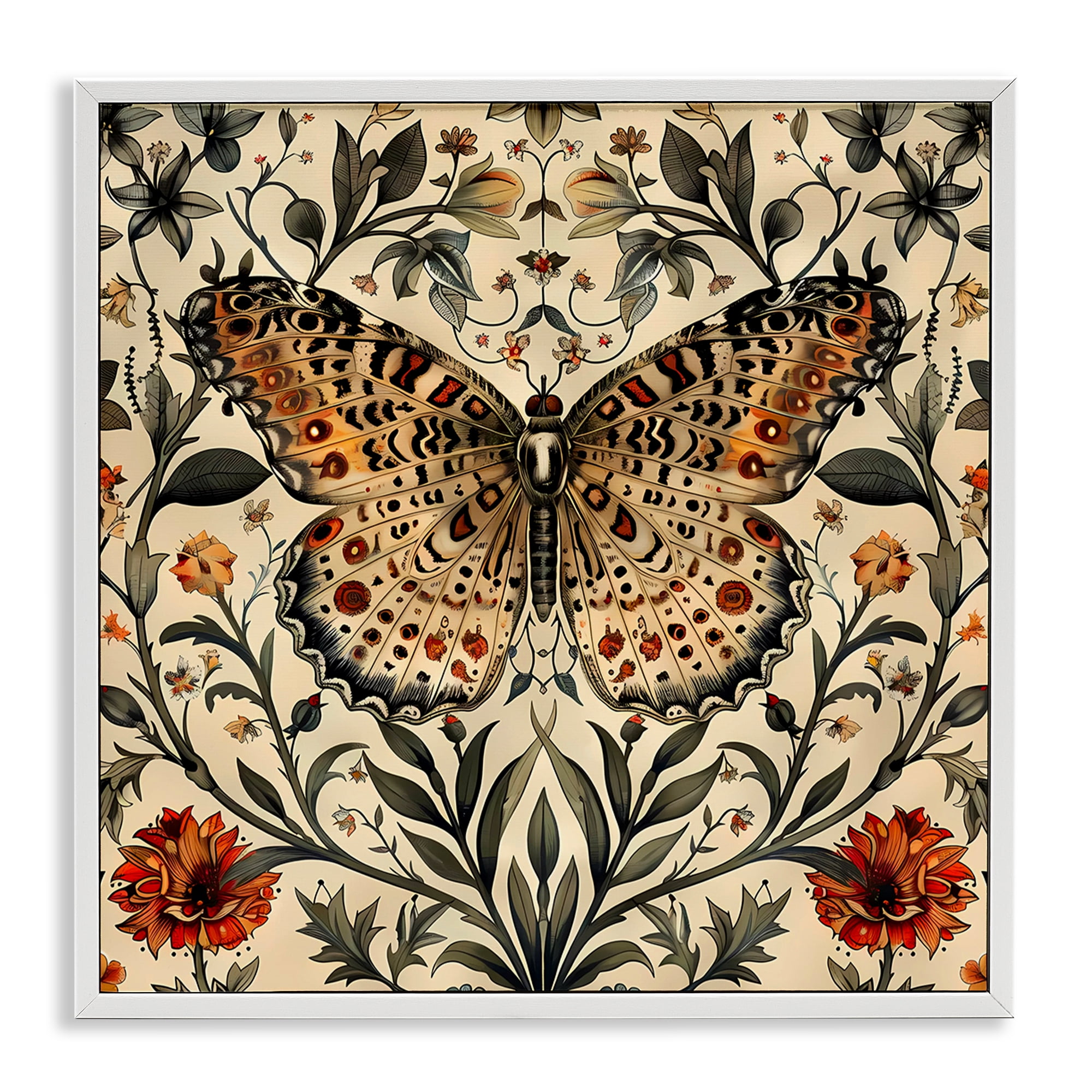 Stupell Industries Baroque Butterfly & Botanicals Animals Painting White Framed Art Print Wall Art, 12 x 12