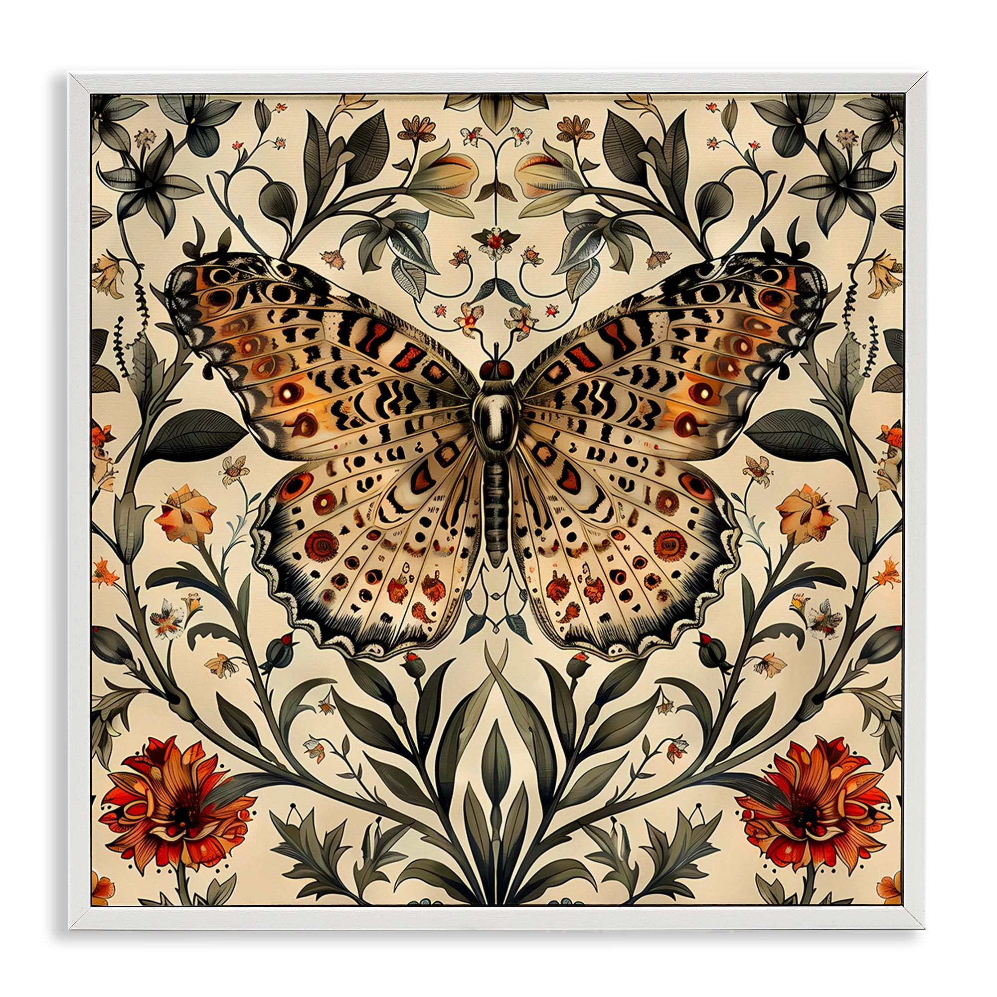 Stupell Industries Baroque Butterfly & Botanicals Animals Painting White Framed Art Print Wall Art, 17 x 17