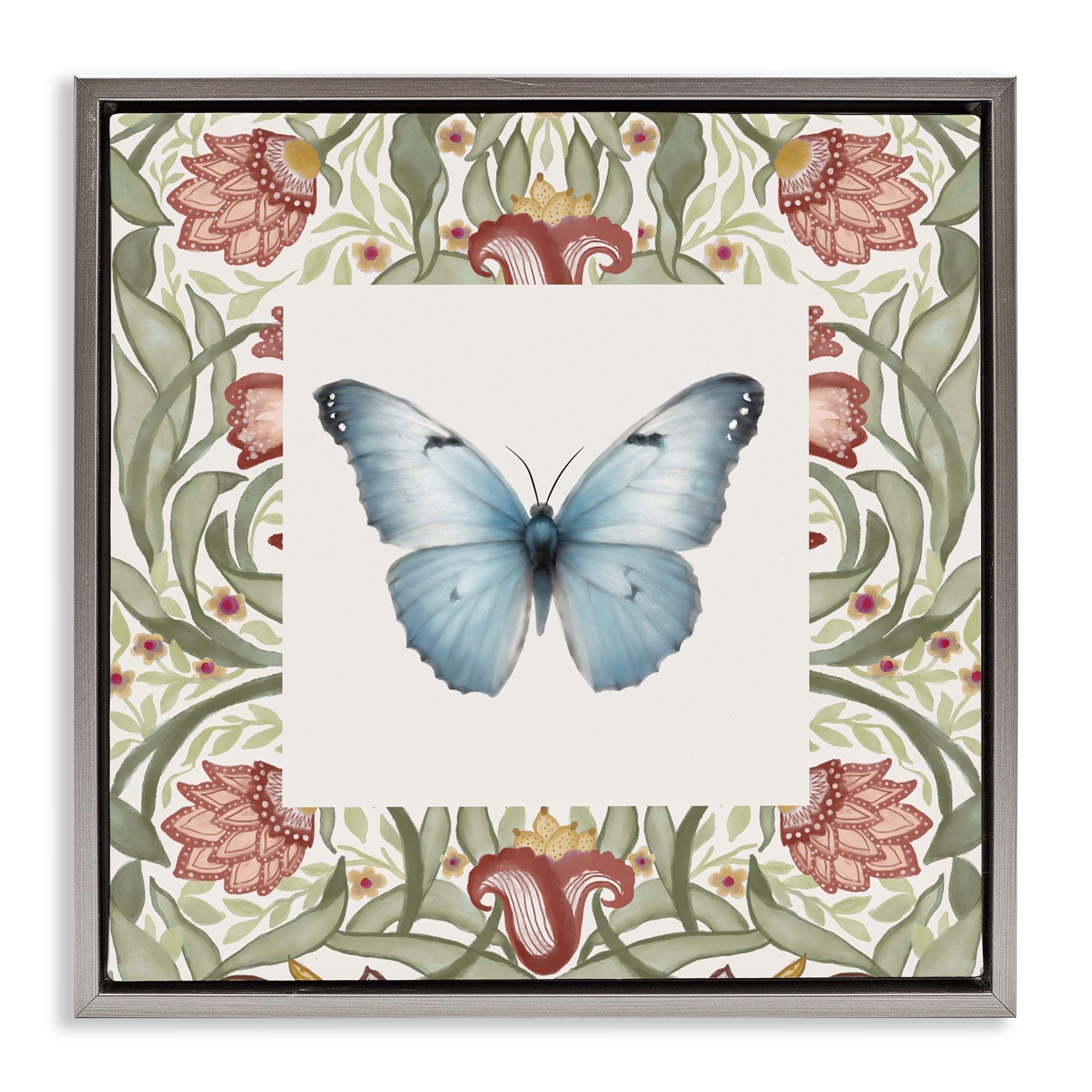 Stupell Industries Baroque Butterfly Vintage Flowers Gray Framed Floater Canvas Wall Art, design by Elizabeth Medley