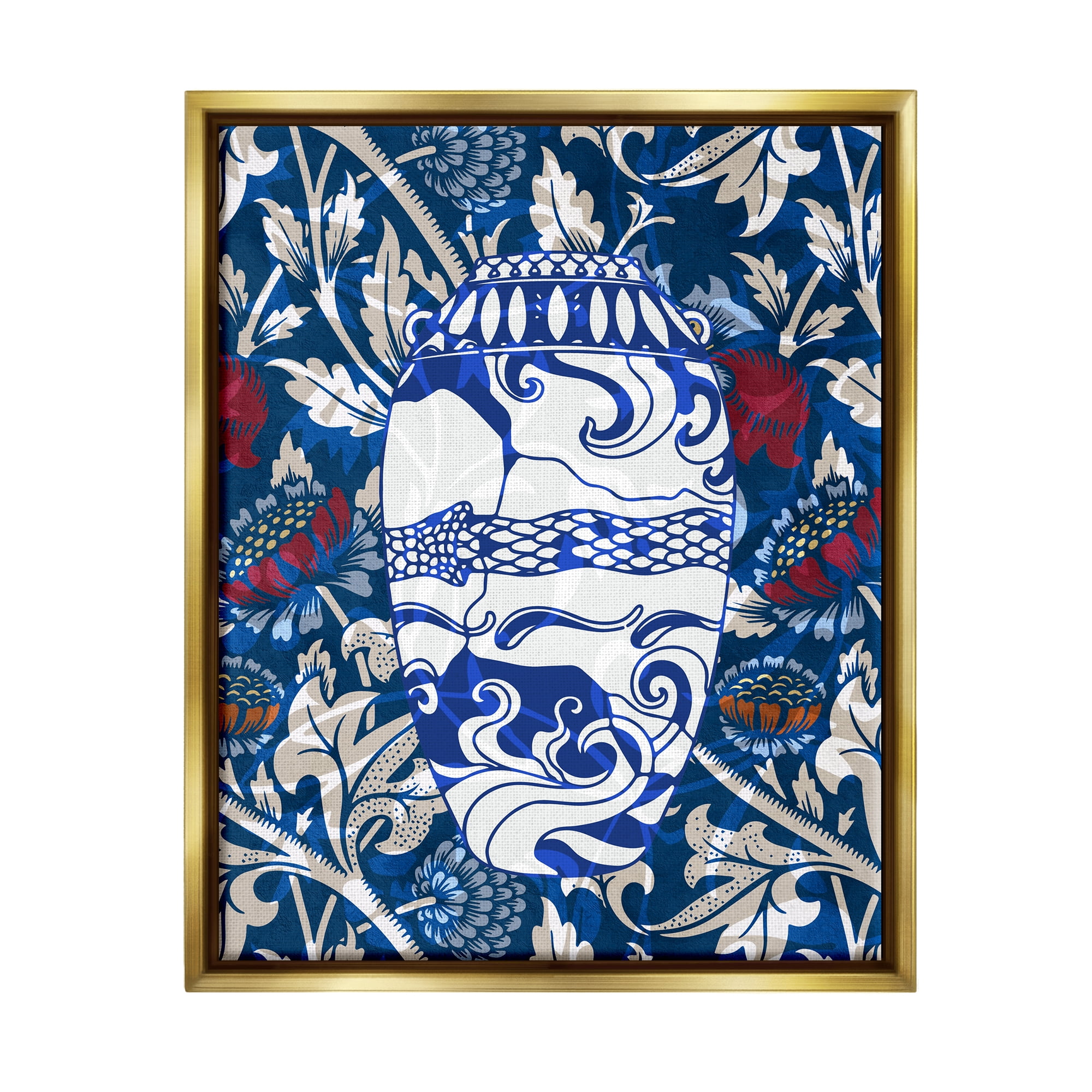 Stupell Industries Baroque Floral Pattern Vase Botanical & Floral Painting Gold Floater Framed Art Print Wall Art