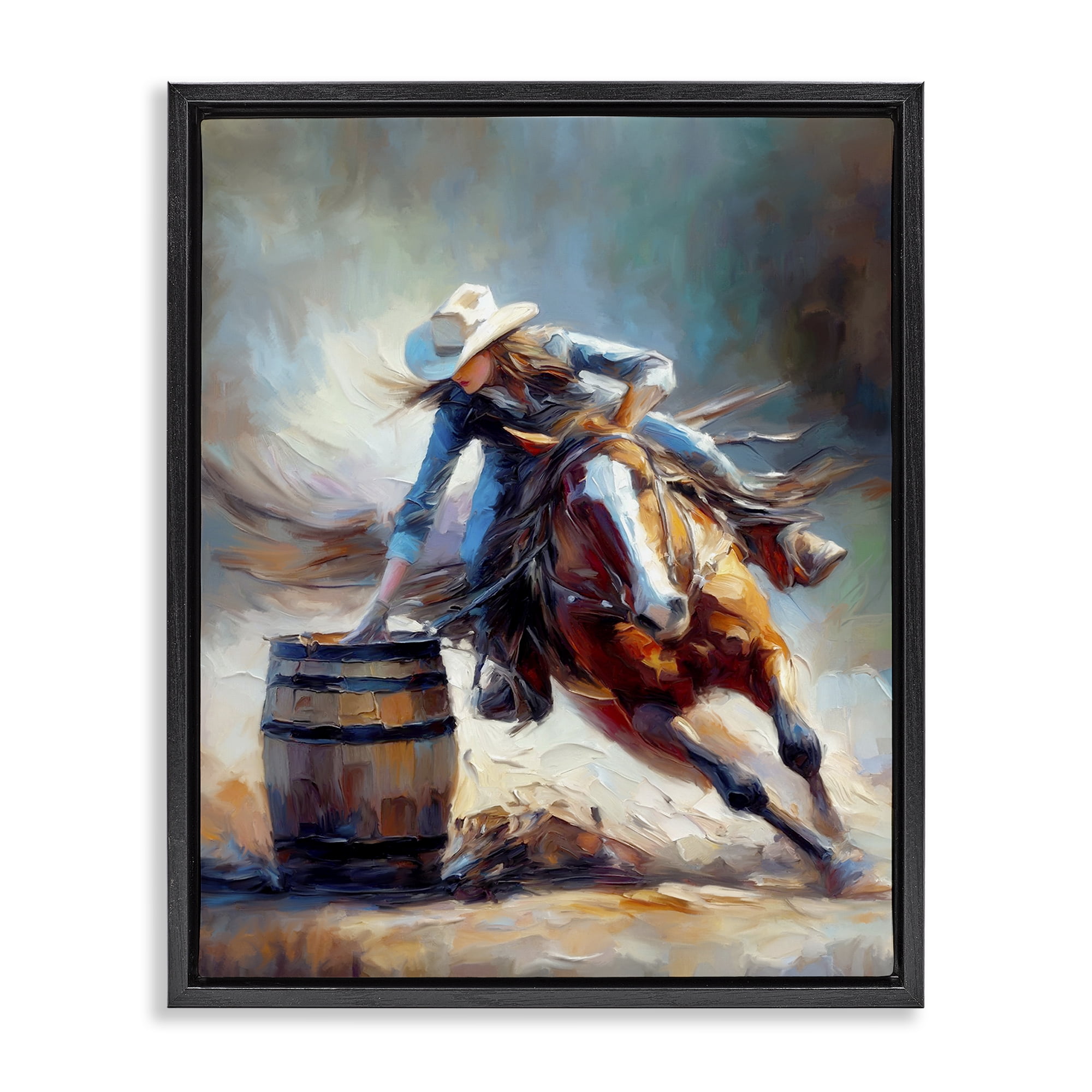 Stupell Industries Barrel Racer Cowgirl Novelty Painting Black Floater Framed Canvas Art Print Wall Art, 17 x 21