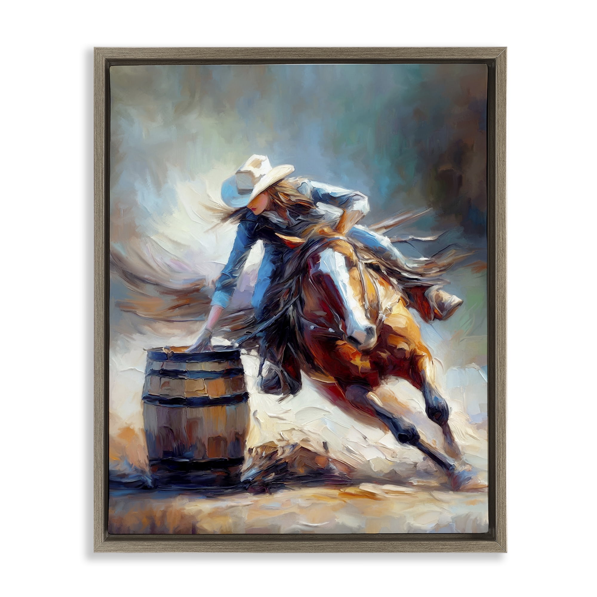 Stupell Industries Barrel Racer Cowgirl Novelty Painting Brown Floater Framed Canvas Art Print Wall Art, 25 x 31