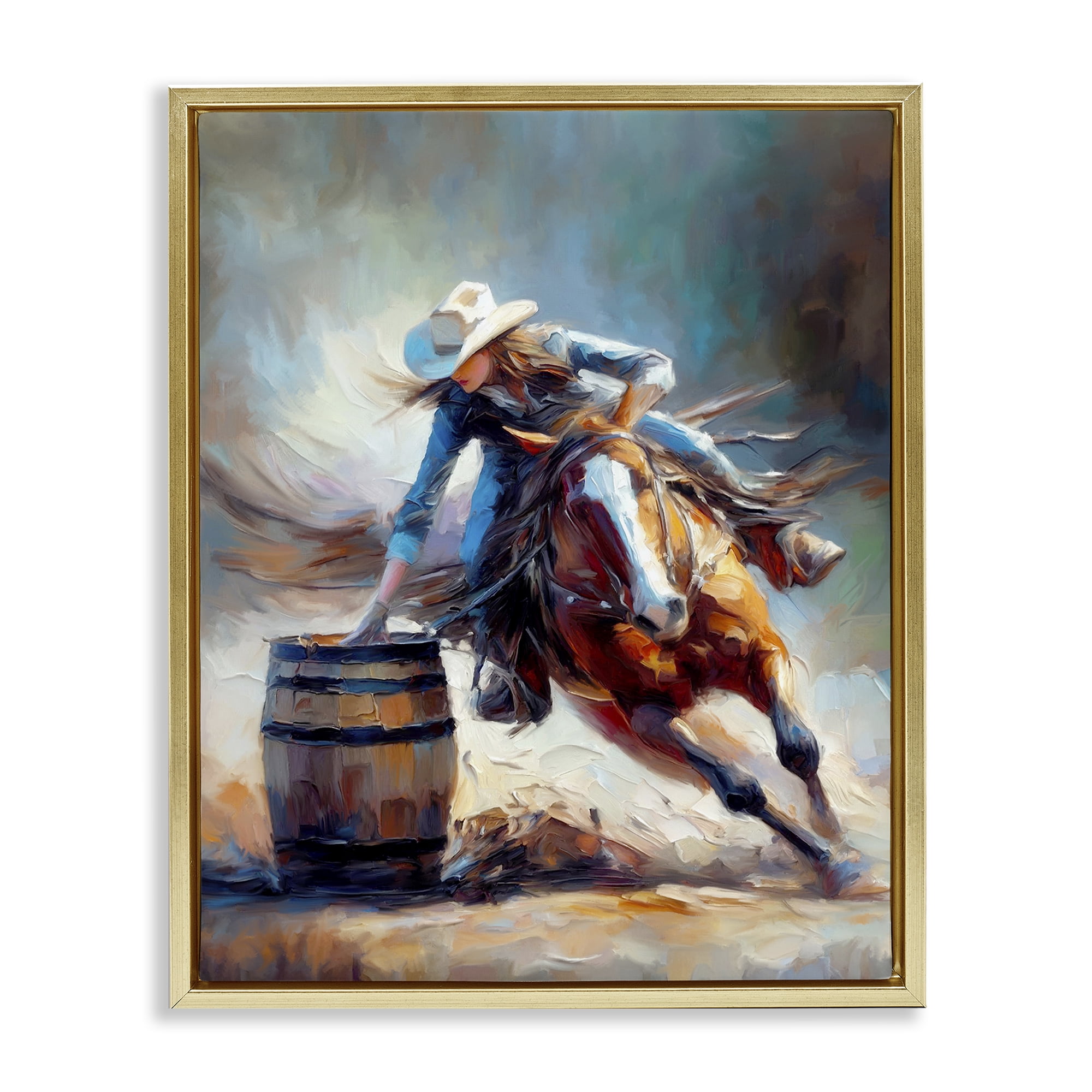 Stupell Industries Barrel Racer Cowgirl Novelty Painting Gold Floater Framed Canvas Art Print Wall Art, 17 x 21
