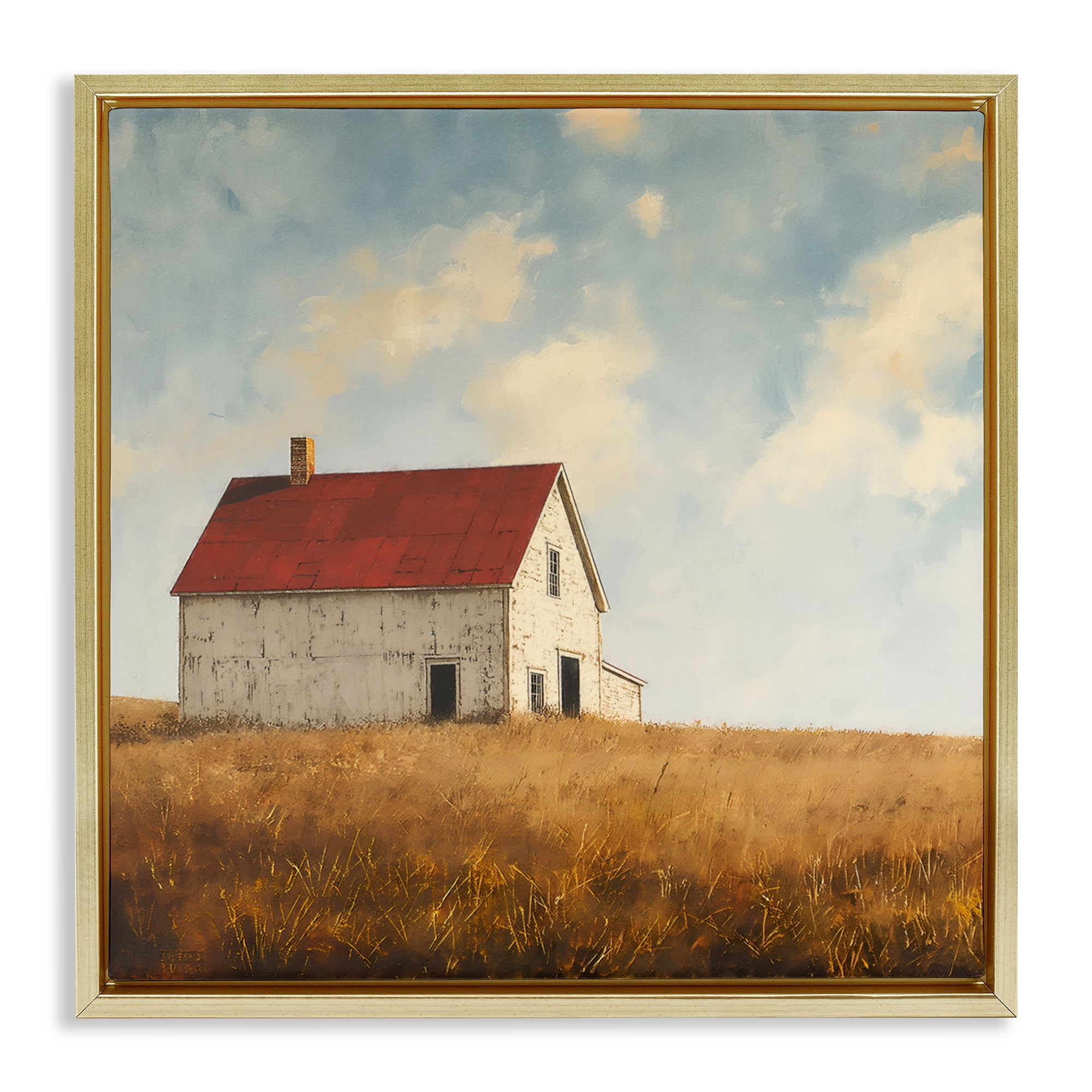 Stupell Industries Barren Farmland Barn Landscape & Nature Painting Gold Floater Framed Canvas Art Print Wall Art, 18 x 18