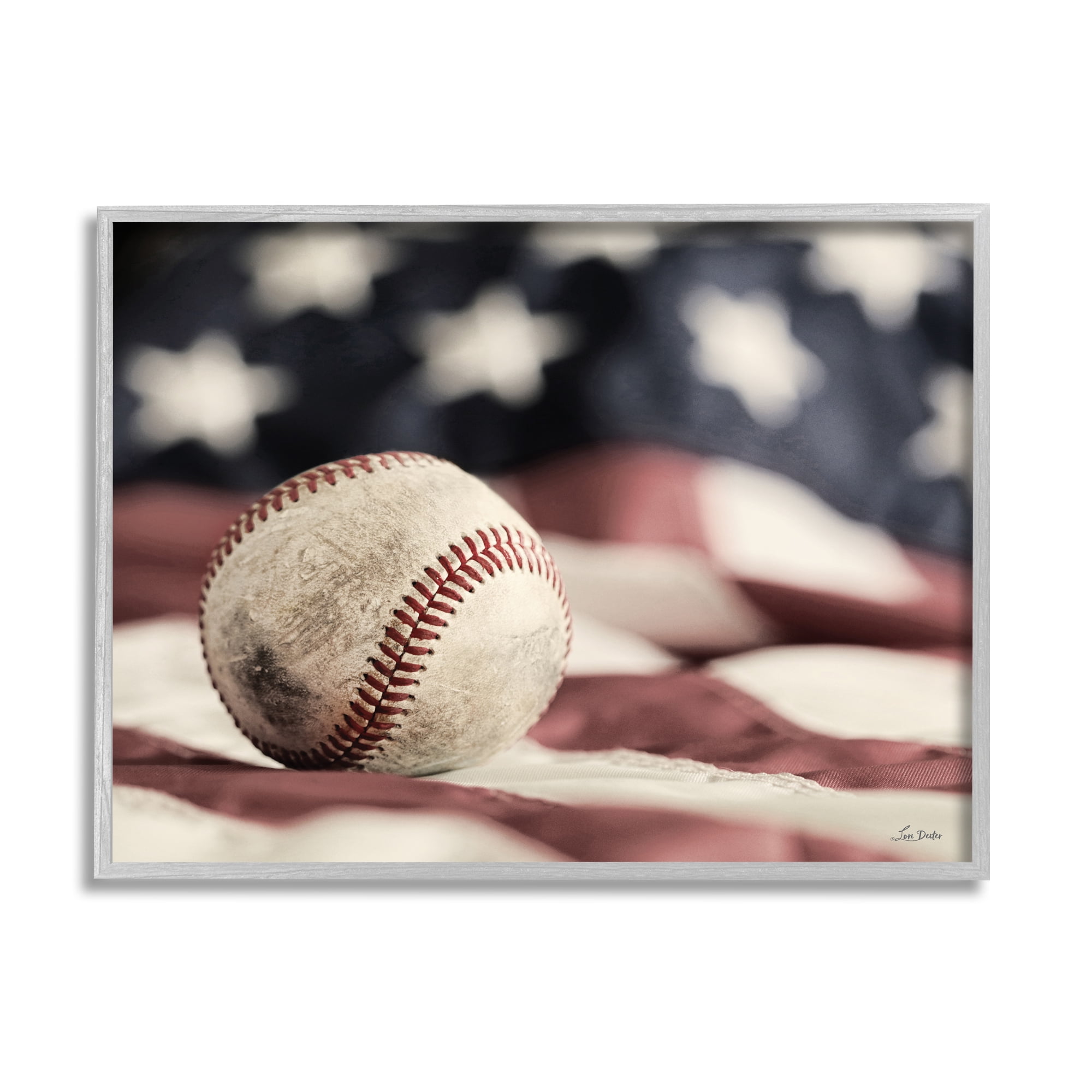 Stupell Industries Baseball & American Flag Sports Photography Gray Framed Art Print Wall Art, 14 x 11