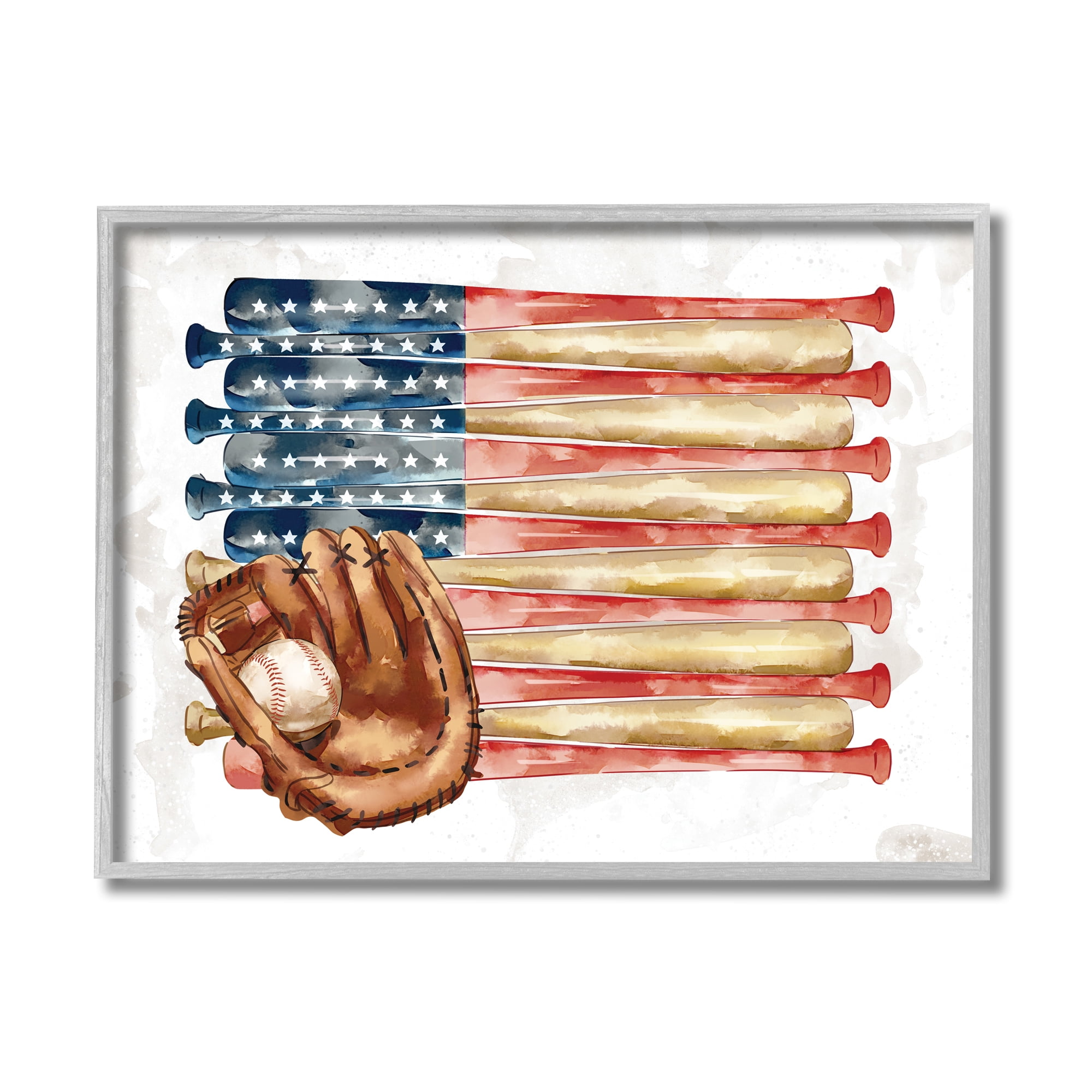Stupell Industries American Baseball Flag Children's Sports Mitt Sports Painting Gray Framed Art Print Wall Art, 11 x 14