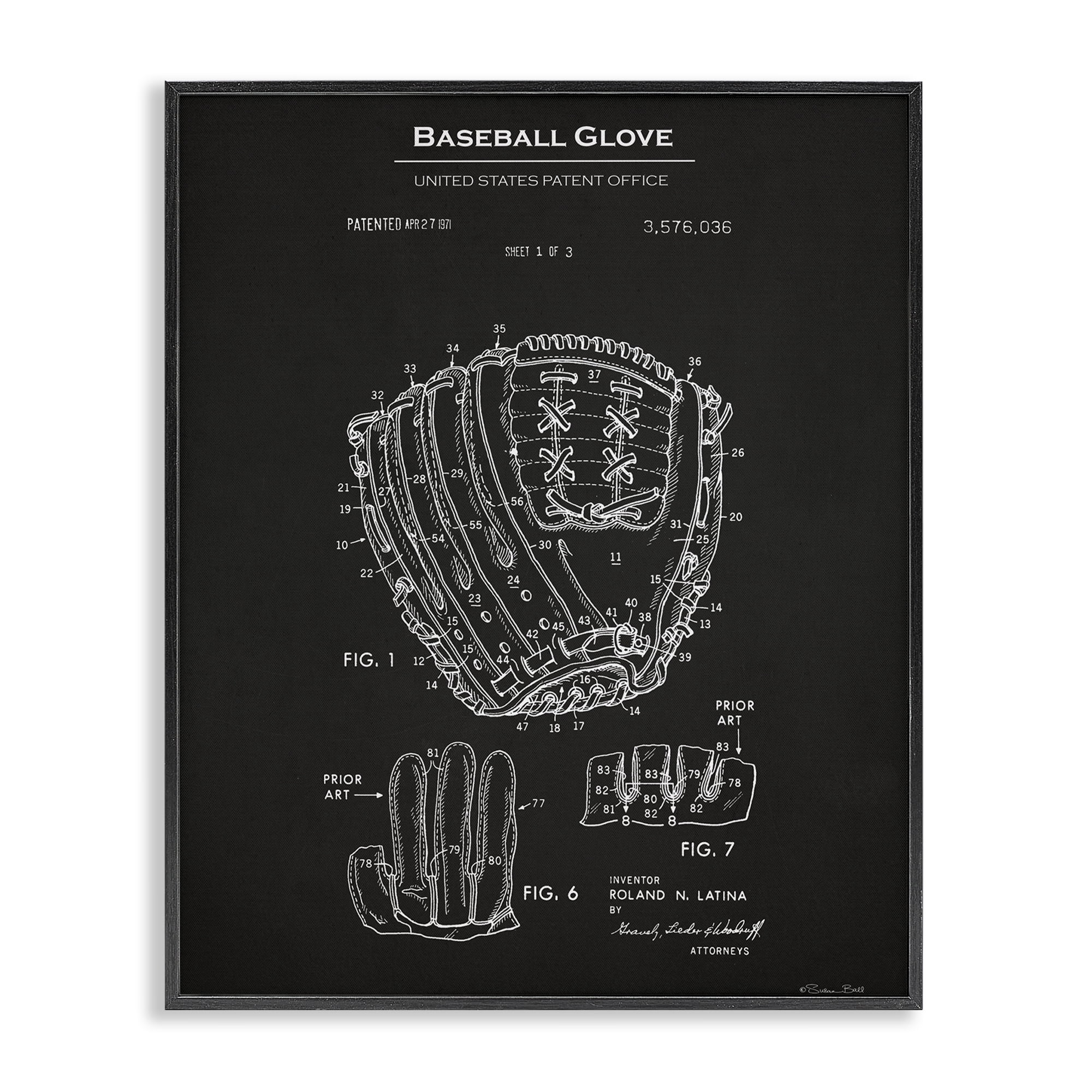Stupell Industries Baseball Glove Blueprint Sports Painting Black Framed Art Print Wall Art, 24 x 30
