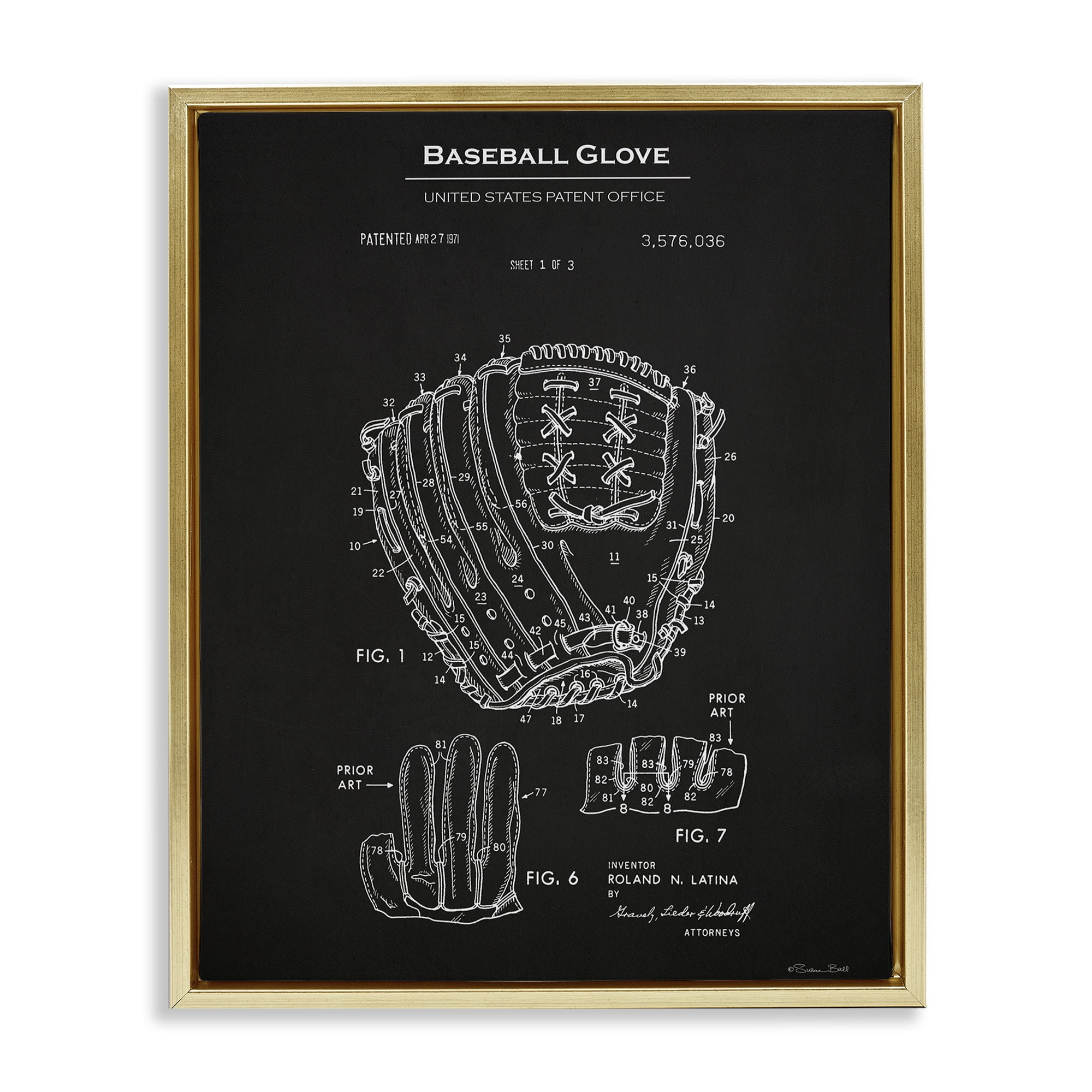 Stupell Industries Baseball Glove Blueprint Sports Painting Gold Floater Framed Art Print Wall Art, 25 x 31