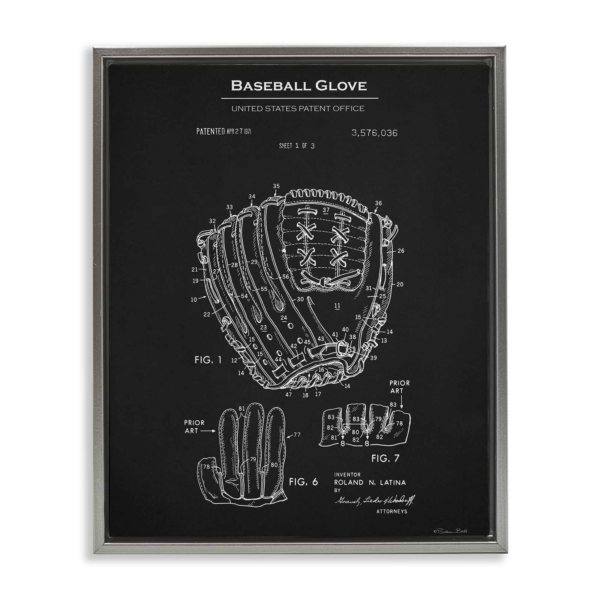 Stupell Industries Baseball Glove Blueprint Sports Painting Gray Floater Framed Art Print Wall Art, 17 x 21