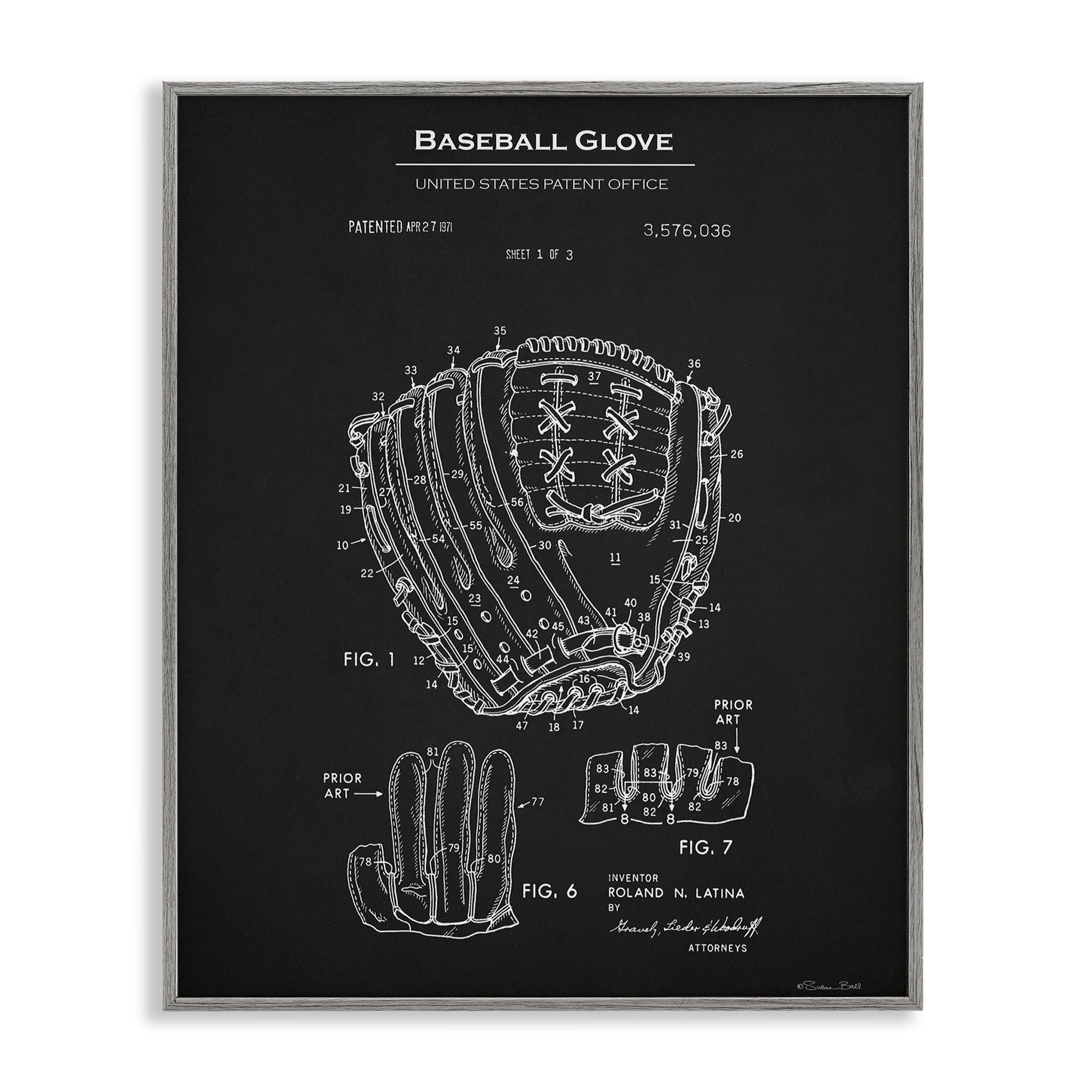 Stupell Industries Baseball Glove Blueprint Sports Painting Gray Framed Art Print Wall Art, 11 x 14