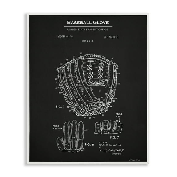 Stupell Industries Baseball Glove Blueprint Sports Painting White Framed Art Print Wall Art, 11 x 14