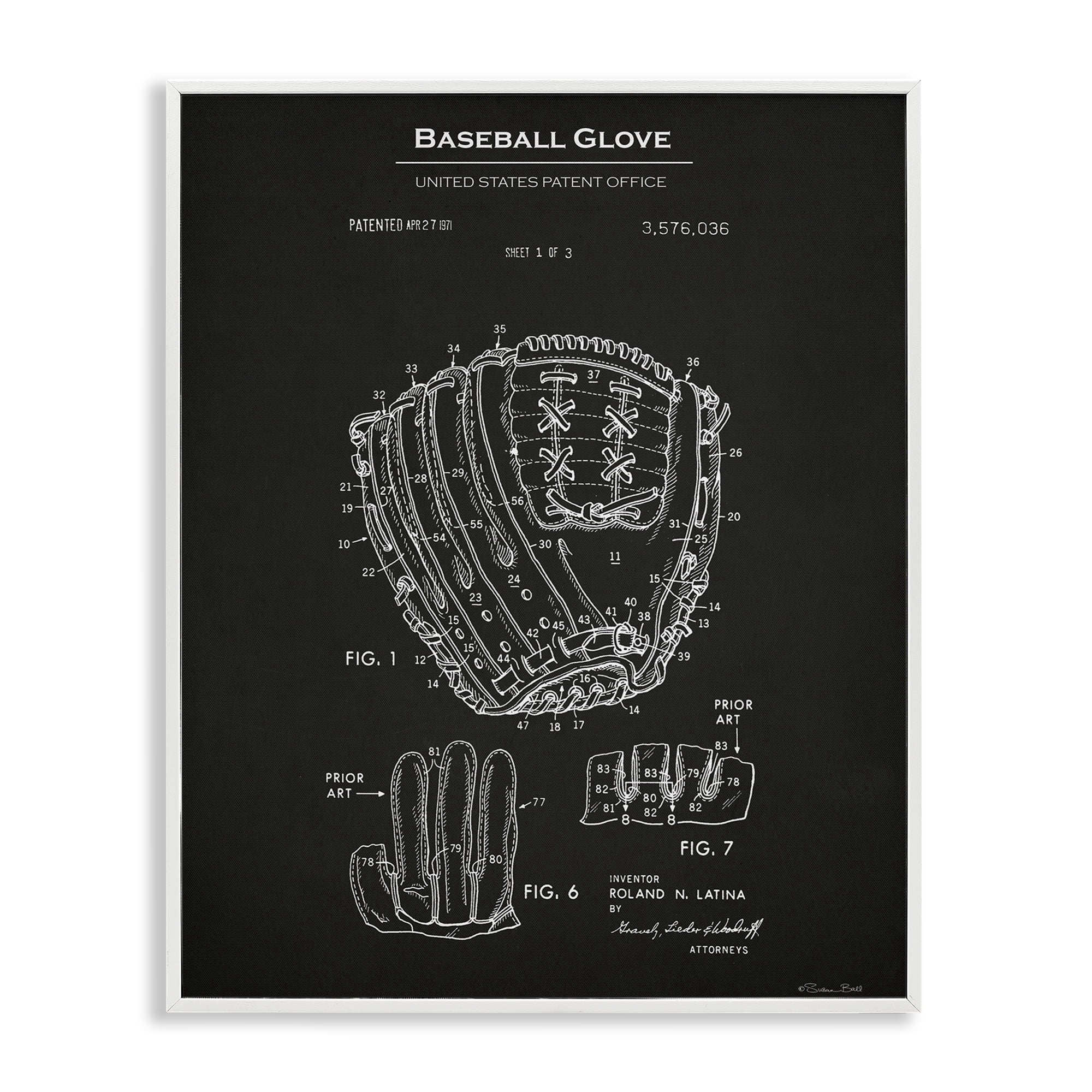 Stupell Industries Baseball Glove Blueprint Sports Painting White Framed Art Print Wall Art, 16 x 20