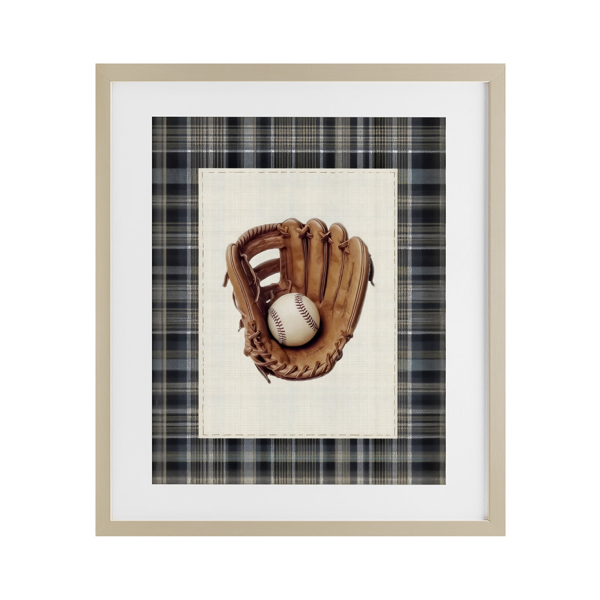 Stupell Industries Baseball Glove with Plaid Birch Framed Print Under Glass, design by Arlington Prints
