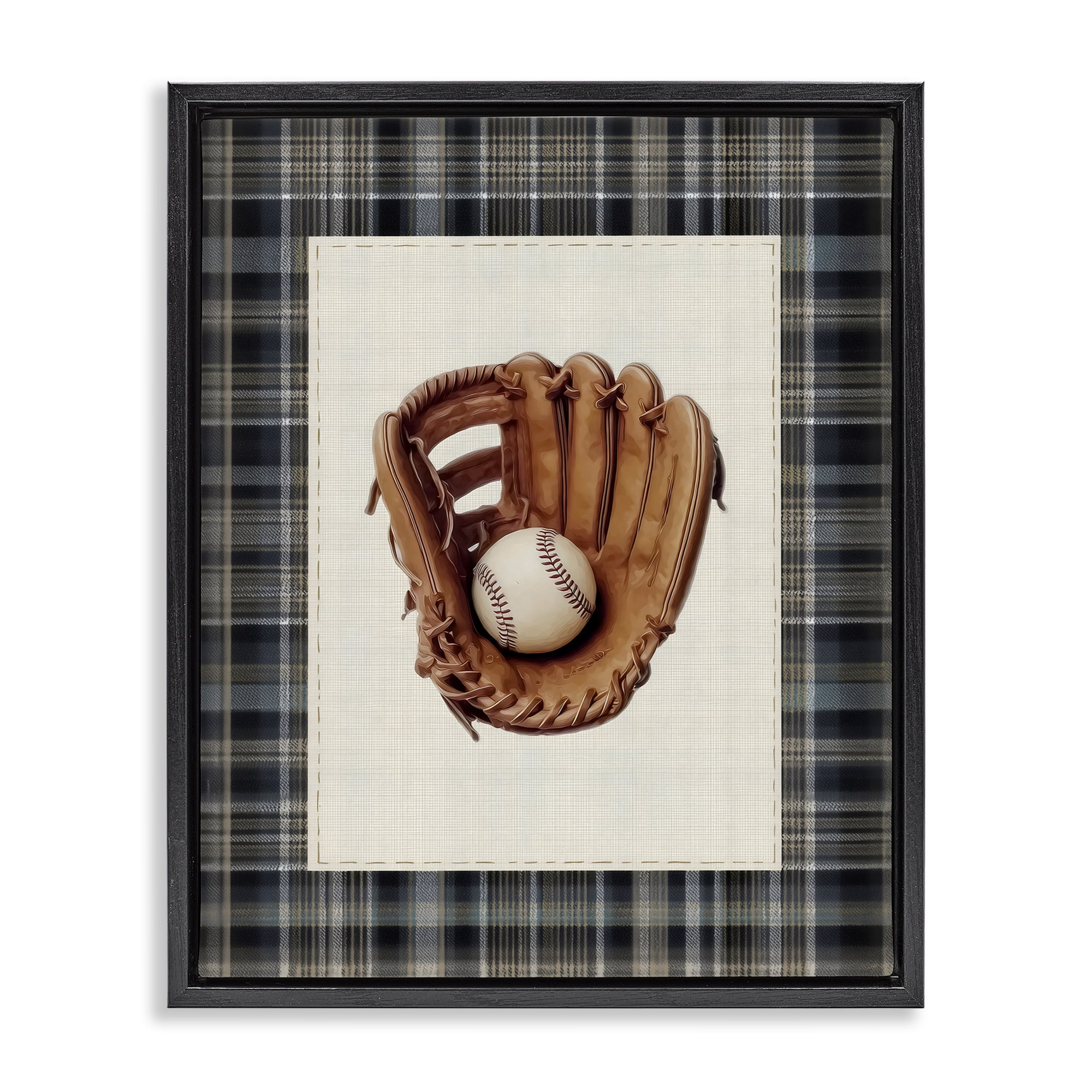 Stupell Industries Baseball Glove with Plaid Black Framed Floater Canvas Wall Art, design by Arlington Prints