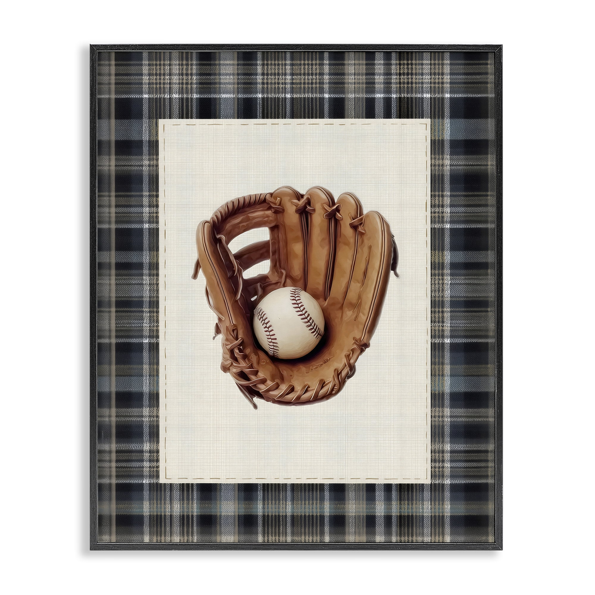 Stupell Industries Baseball Glove with Plaid Black Framed Giclee Art, design by Arlington Prints