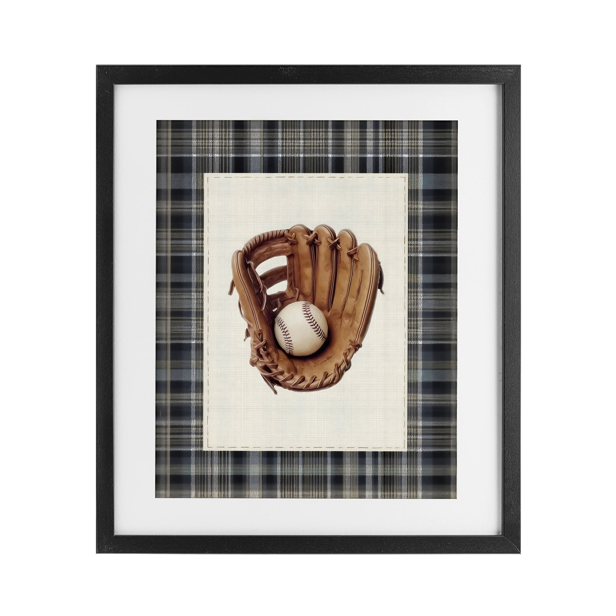 Stupell Industries Baseball Glove with Plaid Black Framed Print Under Glass, design by Arlington Prints
