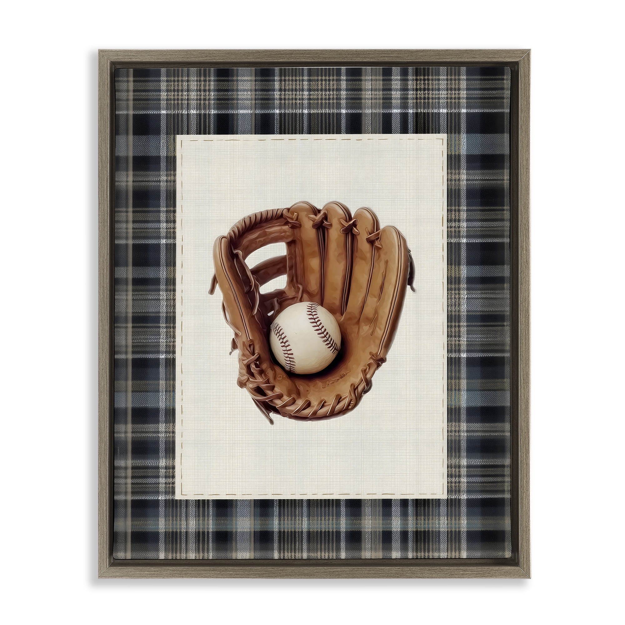Stupell Industries Baseball Glove with Plaid Brown Framed Floater Canvas Wall Art, design by Arlington Prints