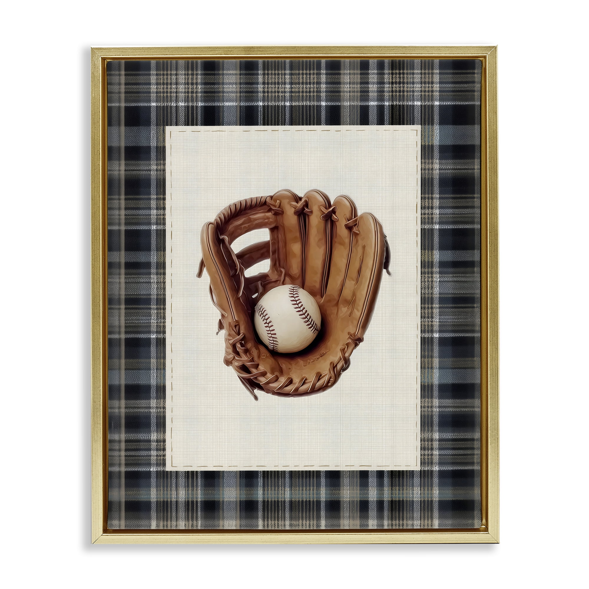 Stupell Industries Baseball Glove with Plaid Gold Framed Floater Canvas Wall Art, design by Arlington Prints