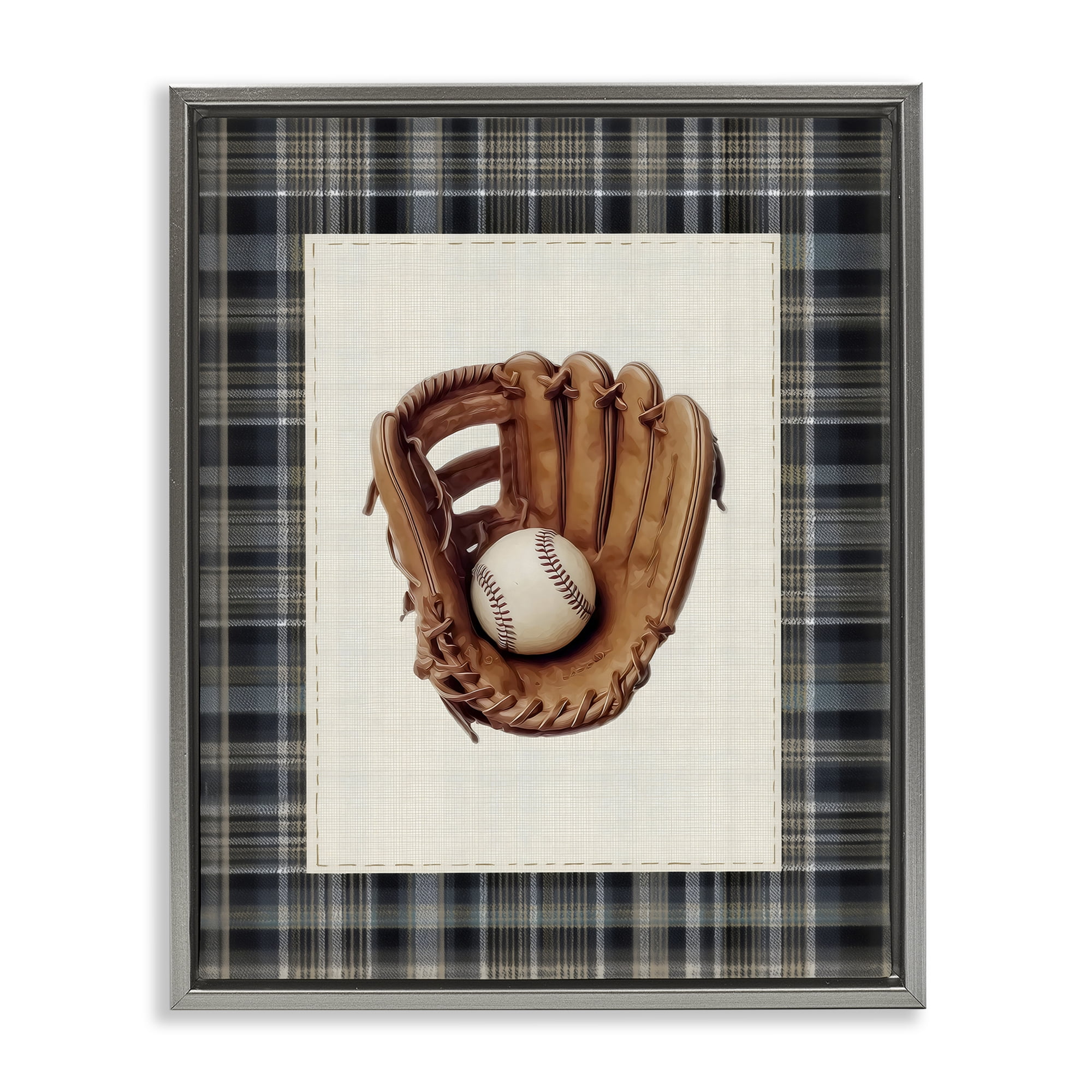 Stupell Industries Baseball Glove with Plaid Gray Framed Floater Canvas Wall Art, design by Arlington Prints