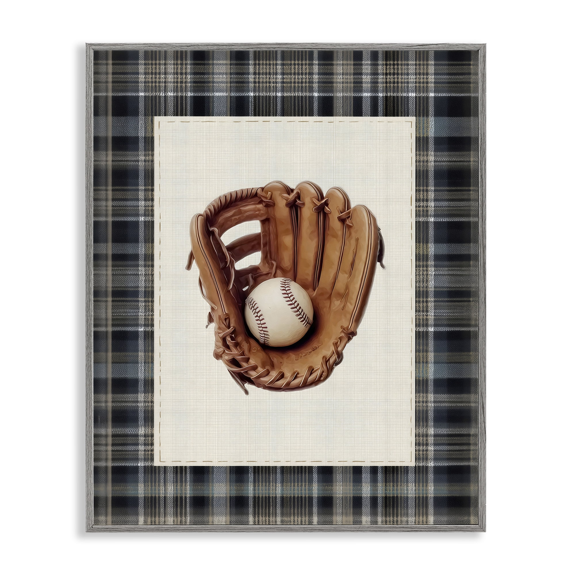 Stupell Industries Baseball Glove with Plaid Gray Framed Giclee Art, design by Arlington Prints