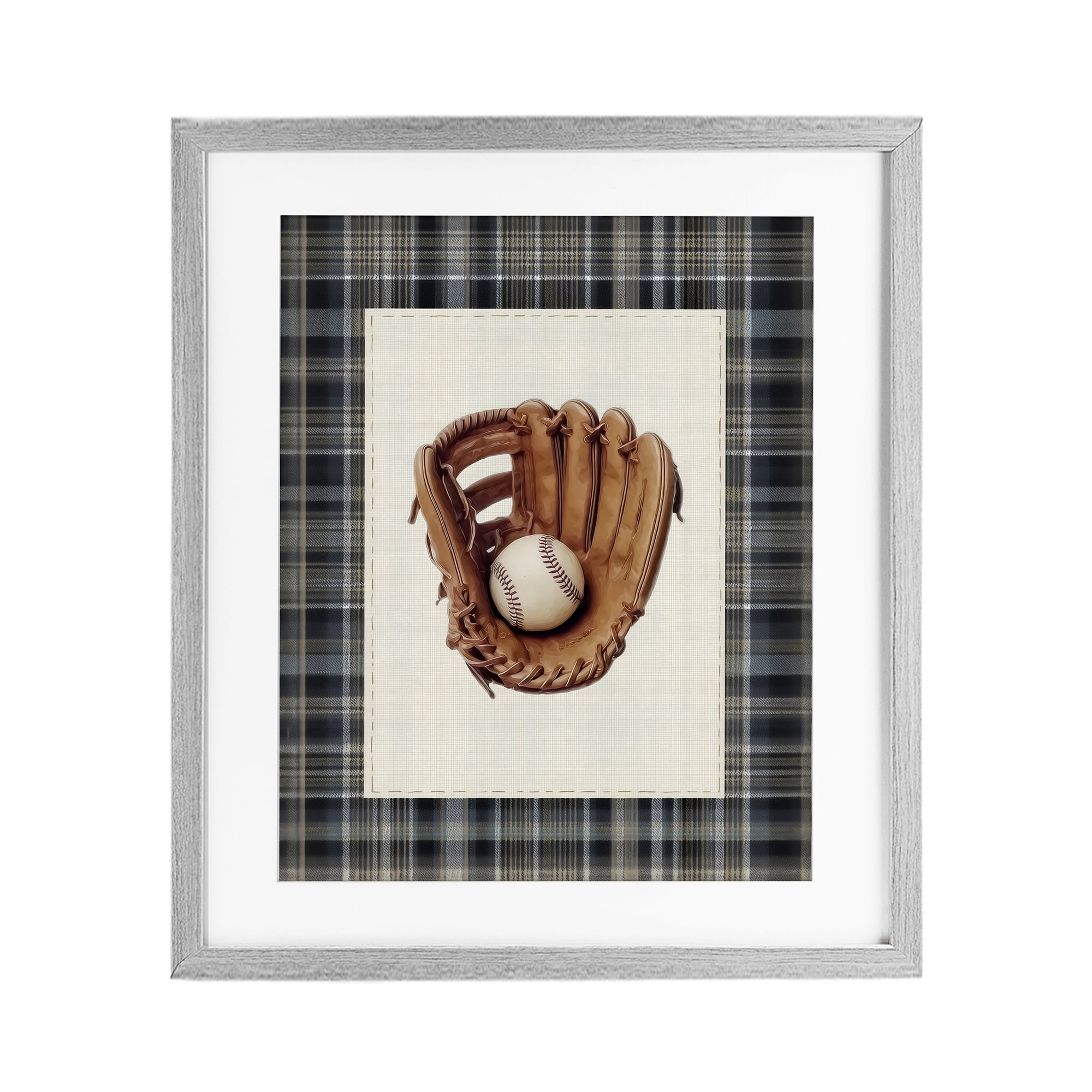 Stupell Industries Baseball Glove with Plaid Gray Framed Print Under Glass, design by Arlington Prints