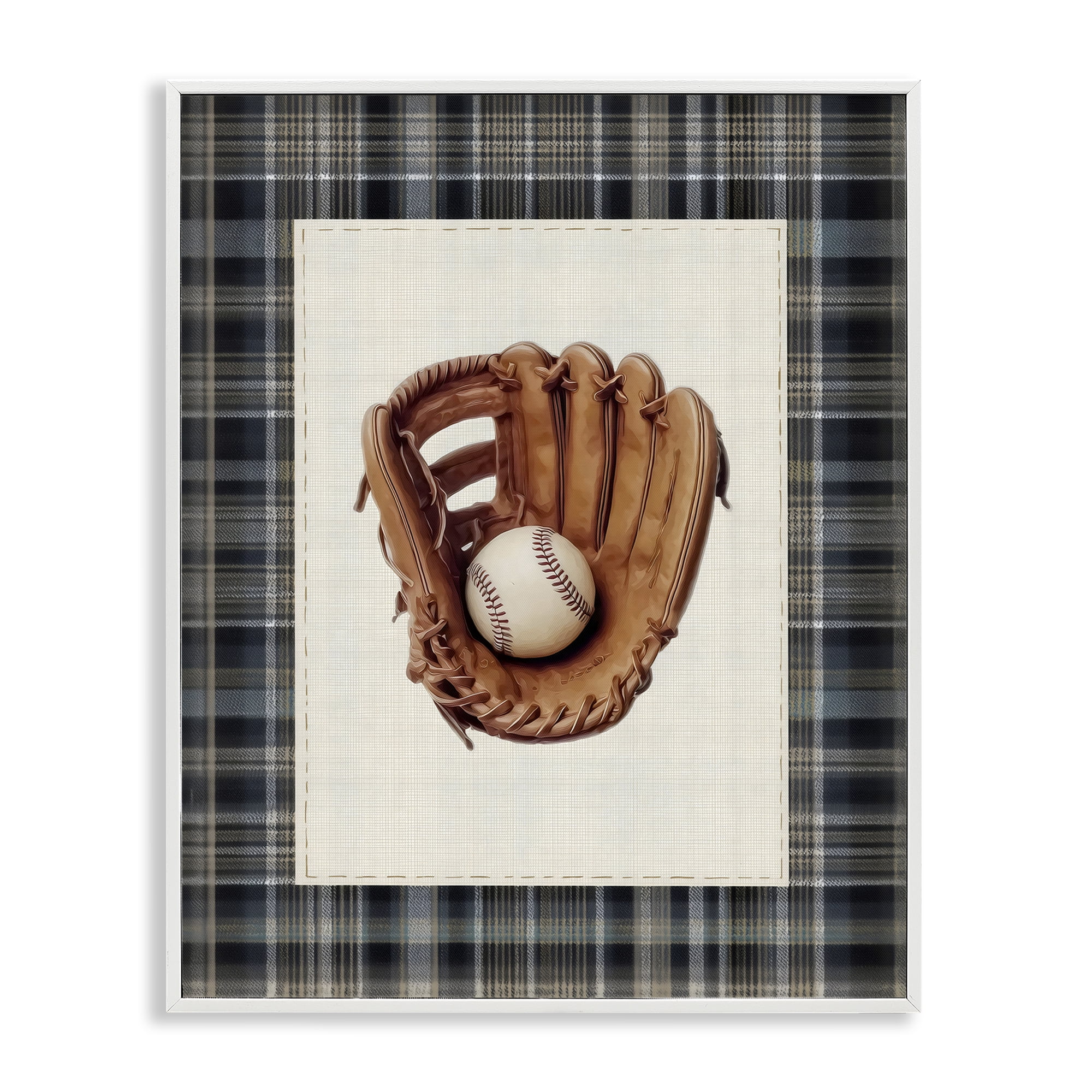 Stupell Industries Baseball Glove with Plaid White Framed Giclee Art, design by Arlington Prints