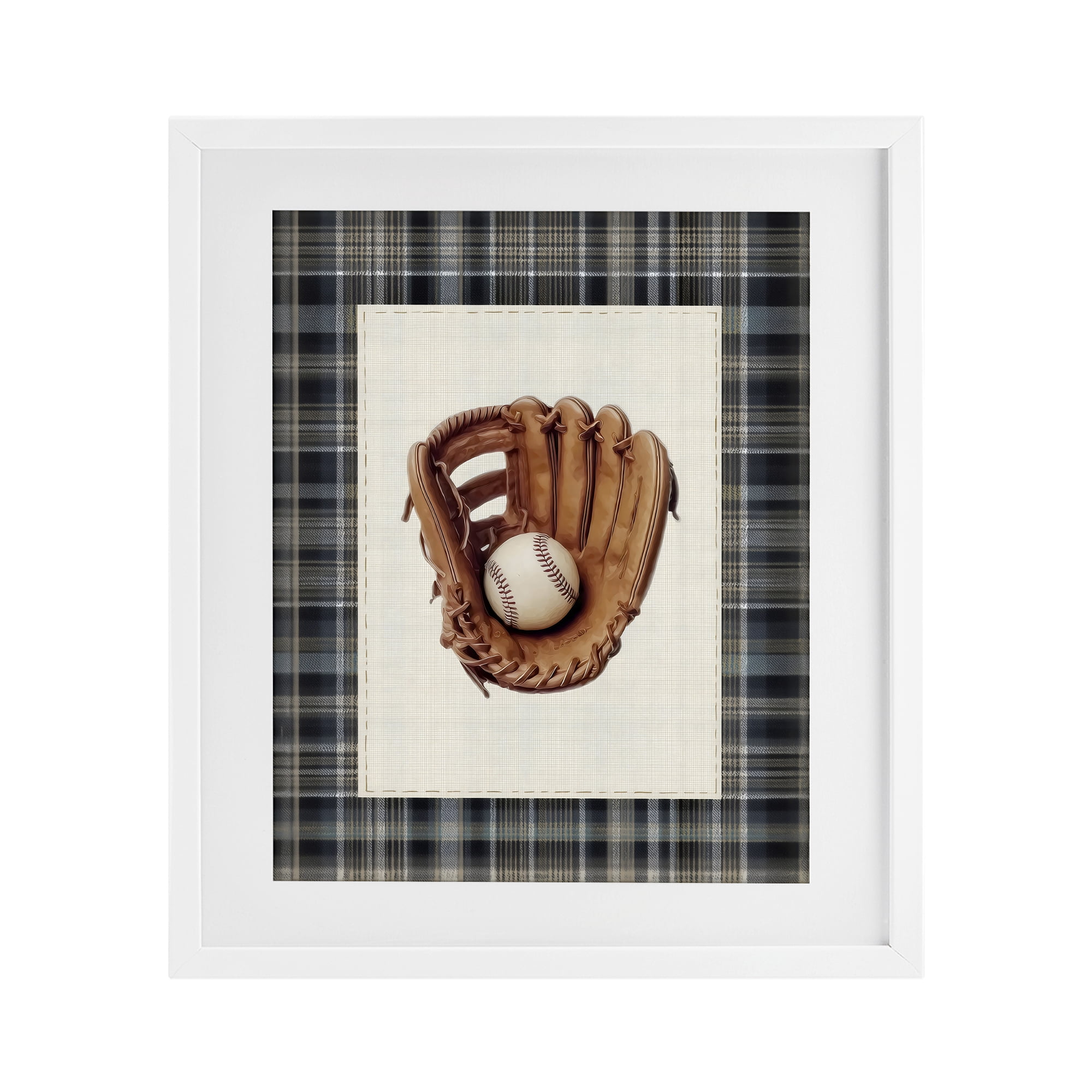 Stupell Industries Baseball Glove with Plaid White Framed Print Under Glass, design by Arlington Prints