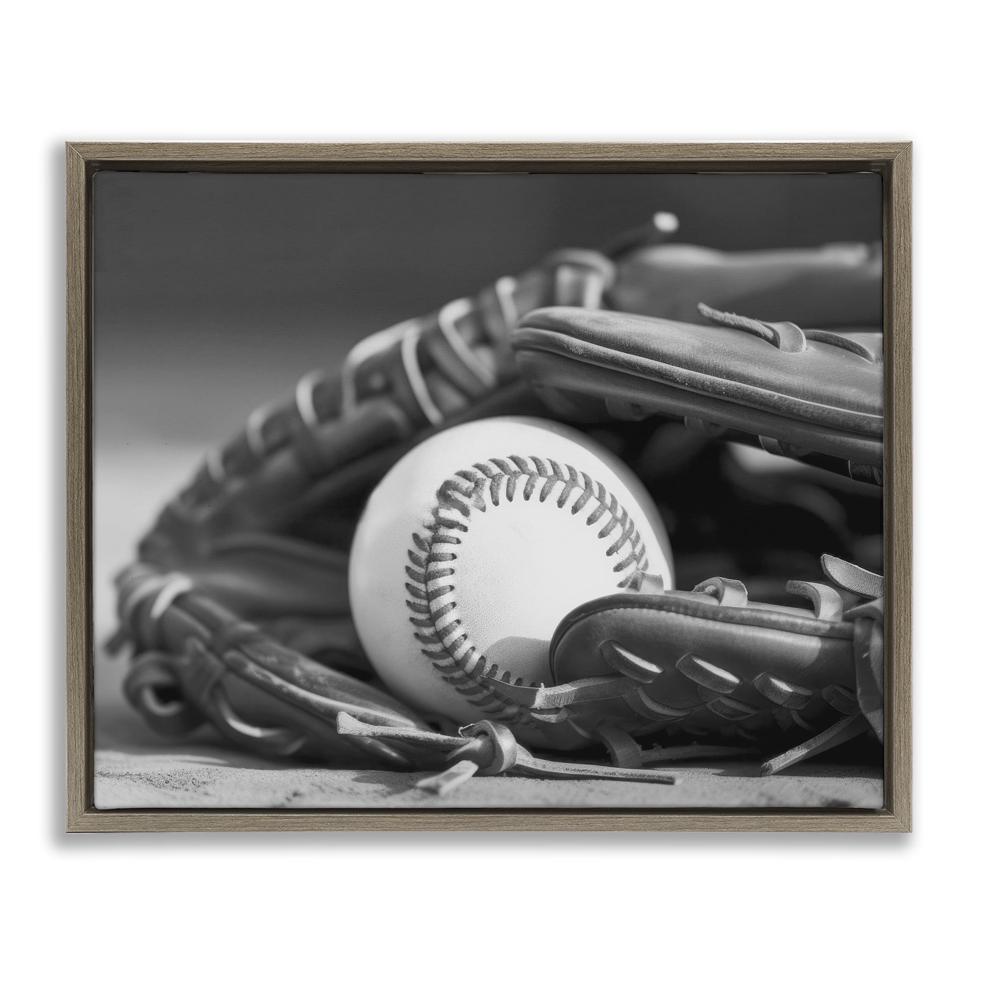 Stupell Industries Baseball Mitt & Ball Sports Photography Brown Floater Framed Canvas Art Print Wall Art, 31 x 25