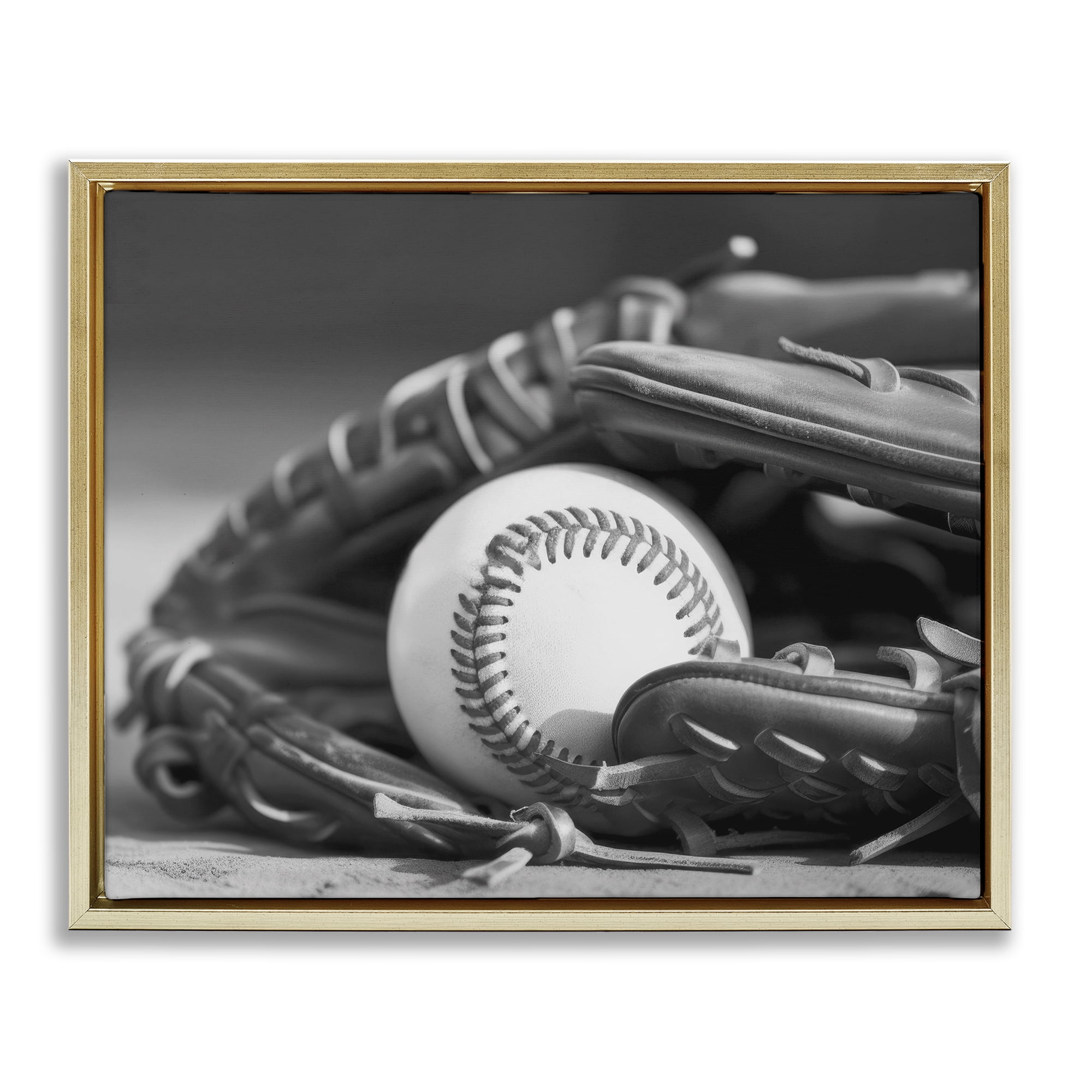 Stupell Industries Baseball Mitt & Ball Sports Photography Gold Floater Framed Canvas Art Print Wall Art, 21 x 17