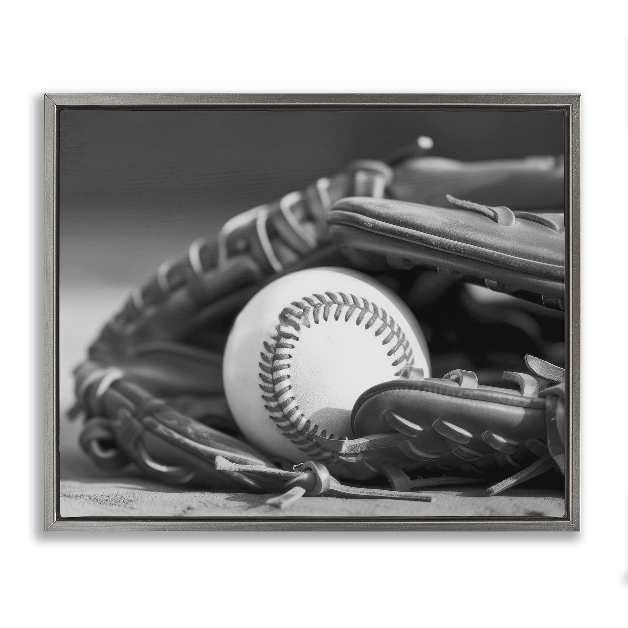 Stupell Industries Baseball Mitt & Ball Sports Photography Gray Floater Framed Canvas Art Print Wall Art, 31 x 25