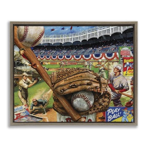 Stupell Industries Baseball Sports Collage Sports Painting Brown Floater Framed Art Print Wall Art, 21 x 17