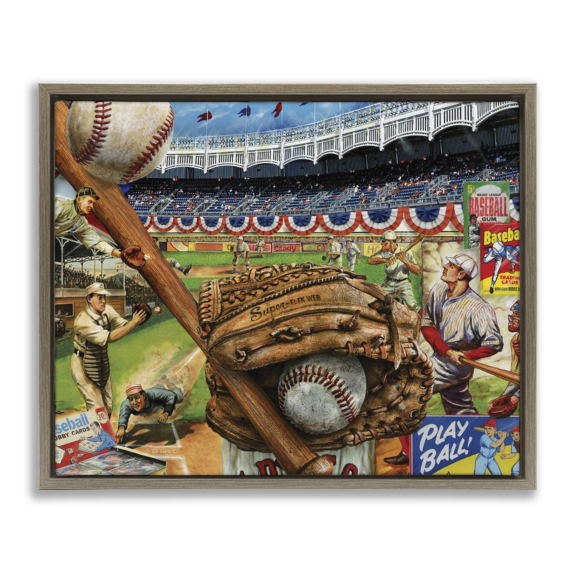 Stupell Industries Baseball Sports Collage Sports Painting Brown Floater Framed Art Print Wall Art, 31 x 25