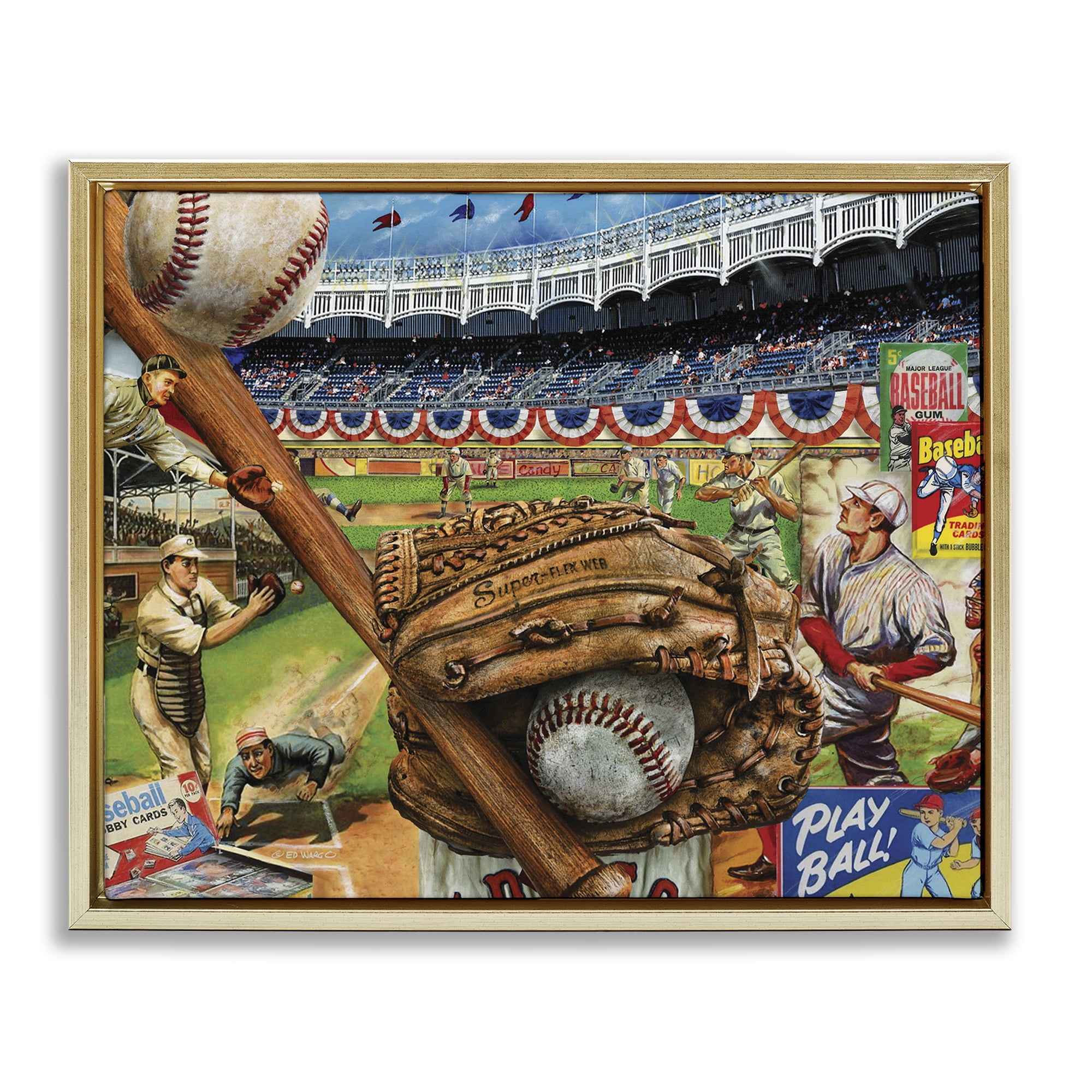 Stupell Industries Baseball Sports Collage Sports Painting Gold Floater Framed Art Print Wall Art, 31 x 25