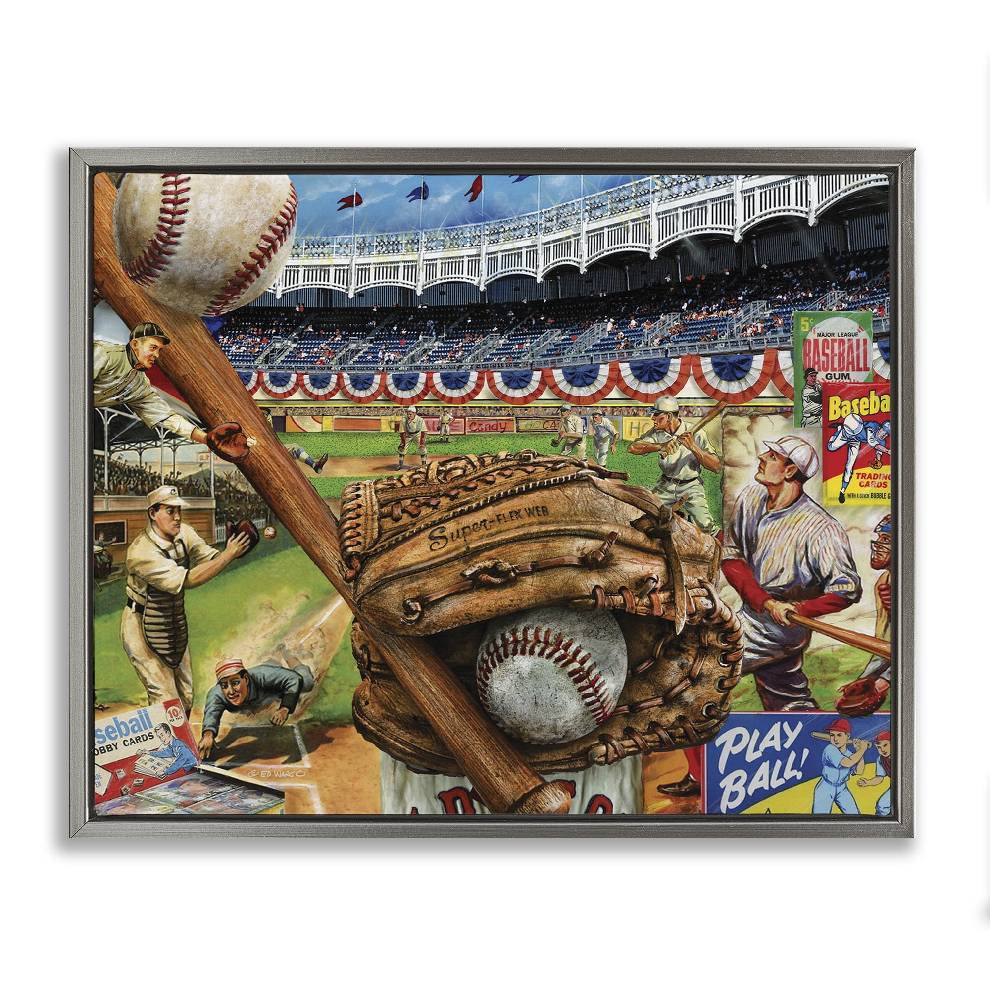 Stupell Industries Baseball Sports Collage Sports Painting Gray Floater Framed Art Print Wall Art, 31 x 25
