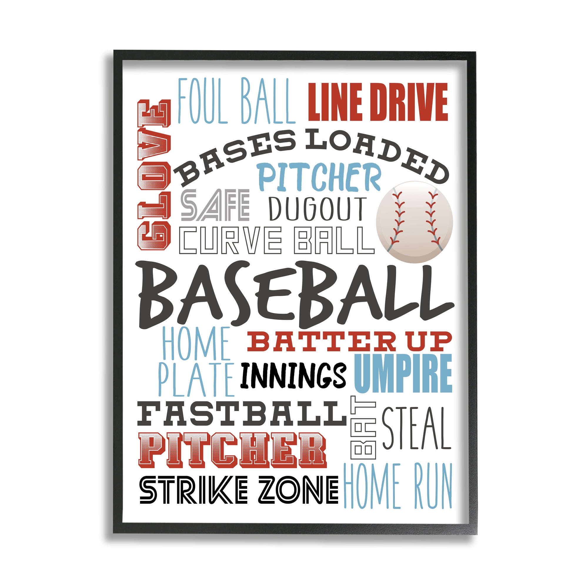 Stupell Industries Baseball Sports Terms Red Blue Typography Kids' Hobby Sports Painting Black Framed Art Print Wall Art, 16 x 20