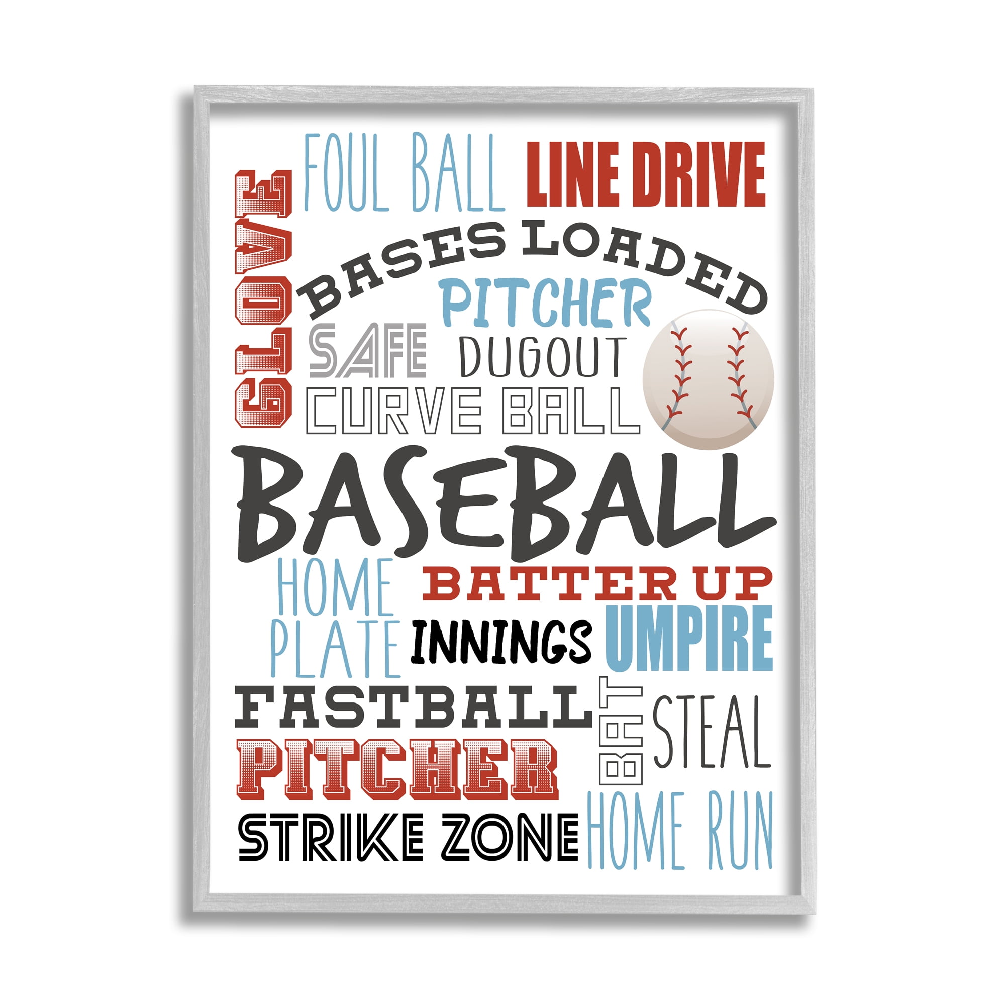 Stupell Industries Baseball Sports Terms Red Blue Typography Kids' Hobby Sports Painting Gray Framed Art Print Wall Art, 11 x 14