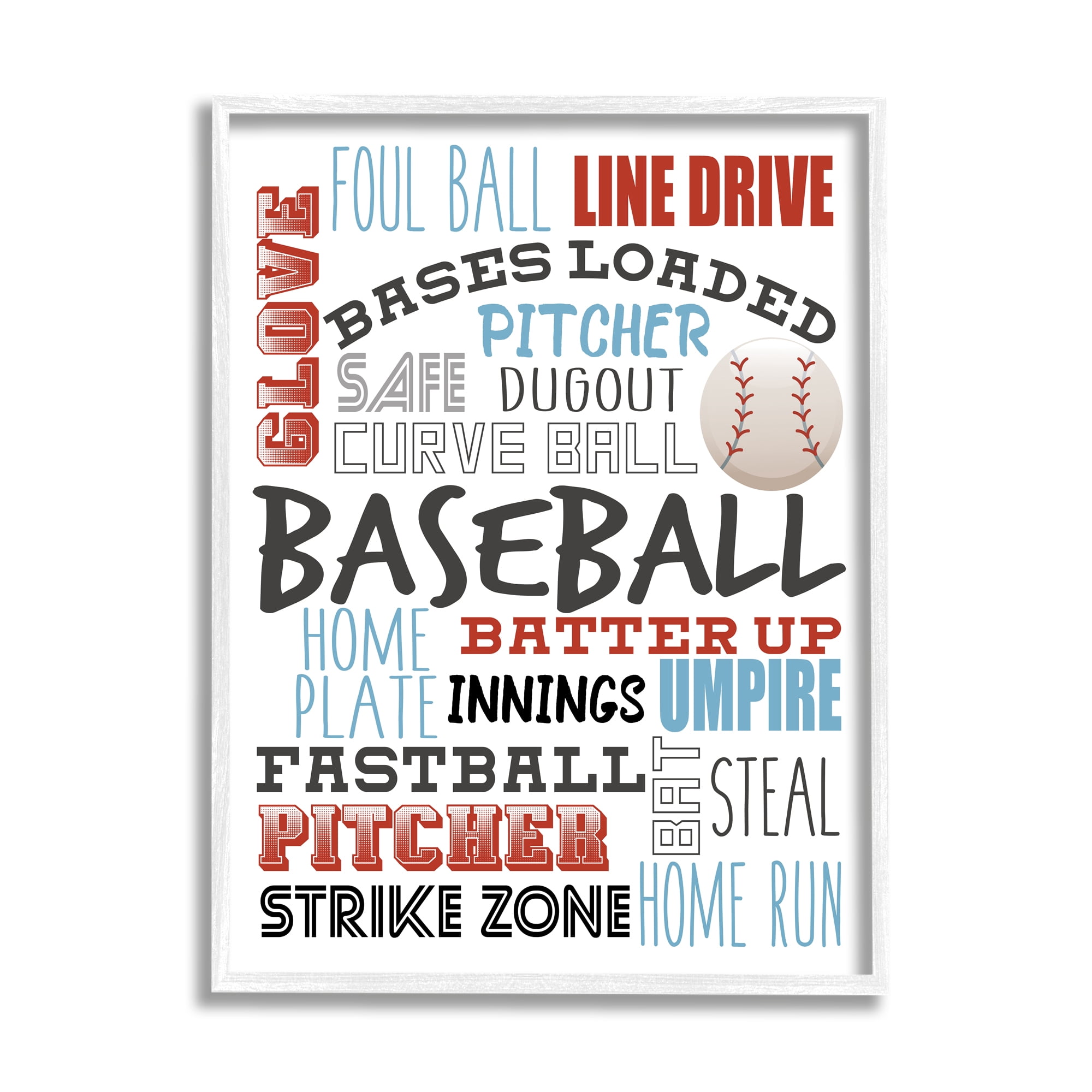 Stupell Industries Baseball Sports Terms Red Blue Typography Kids' Hobby Sports Painting White Framed Art Print Wall Art, 11 x 14