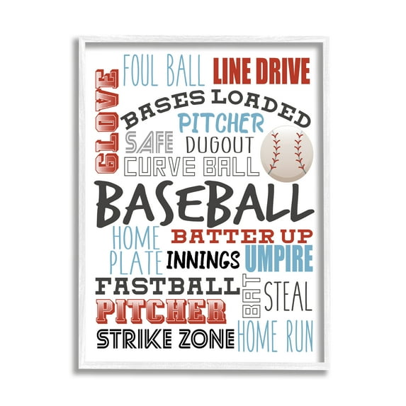 Stupell Industries Baseball Sports Terms Red Blue Typography Kids' Hobby Sports Painting White Framed Art Print Wall Art, 11 x 14