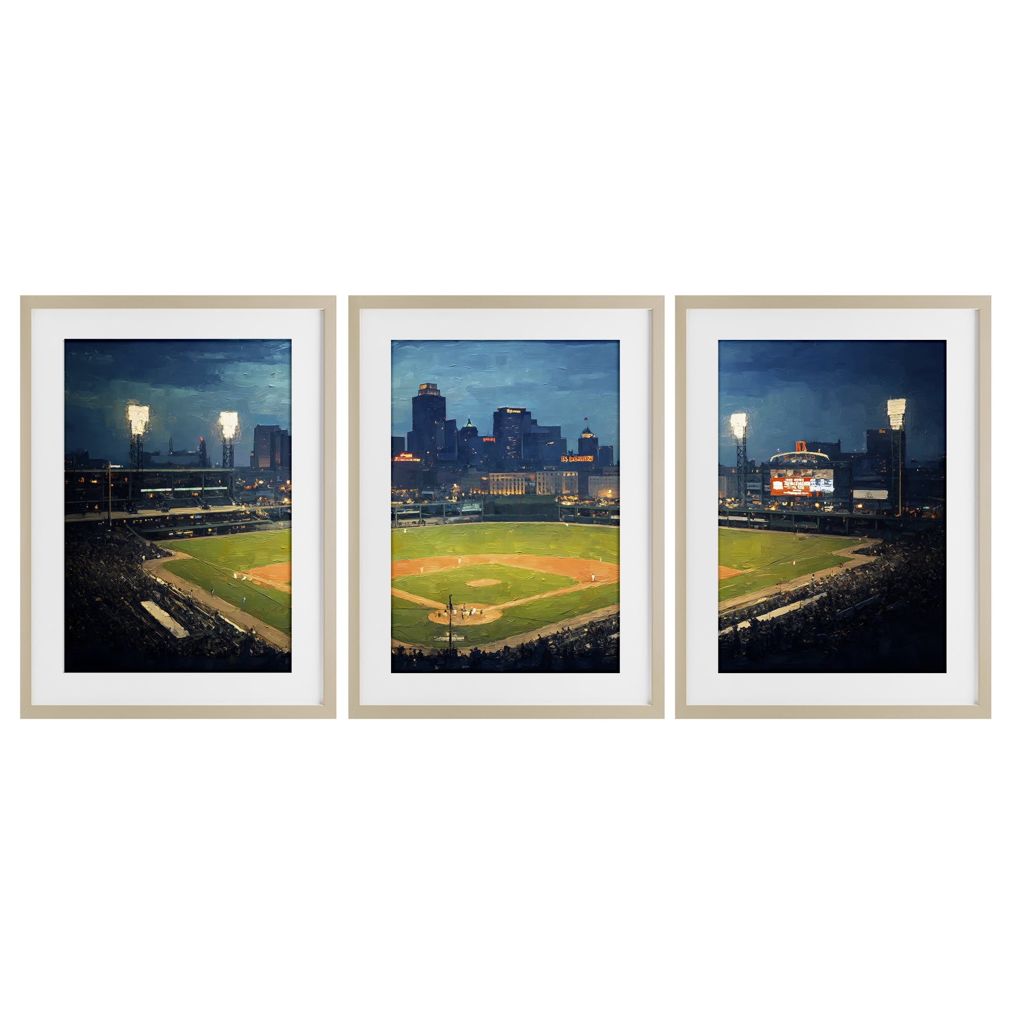 Stupell Industries Baseball Stadium Night View 3 Piece Birch Framed Print Under Glass Set, design by Arlington Prints