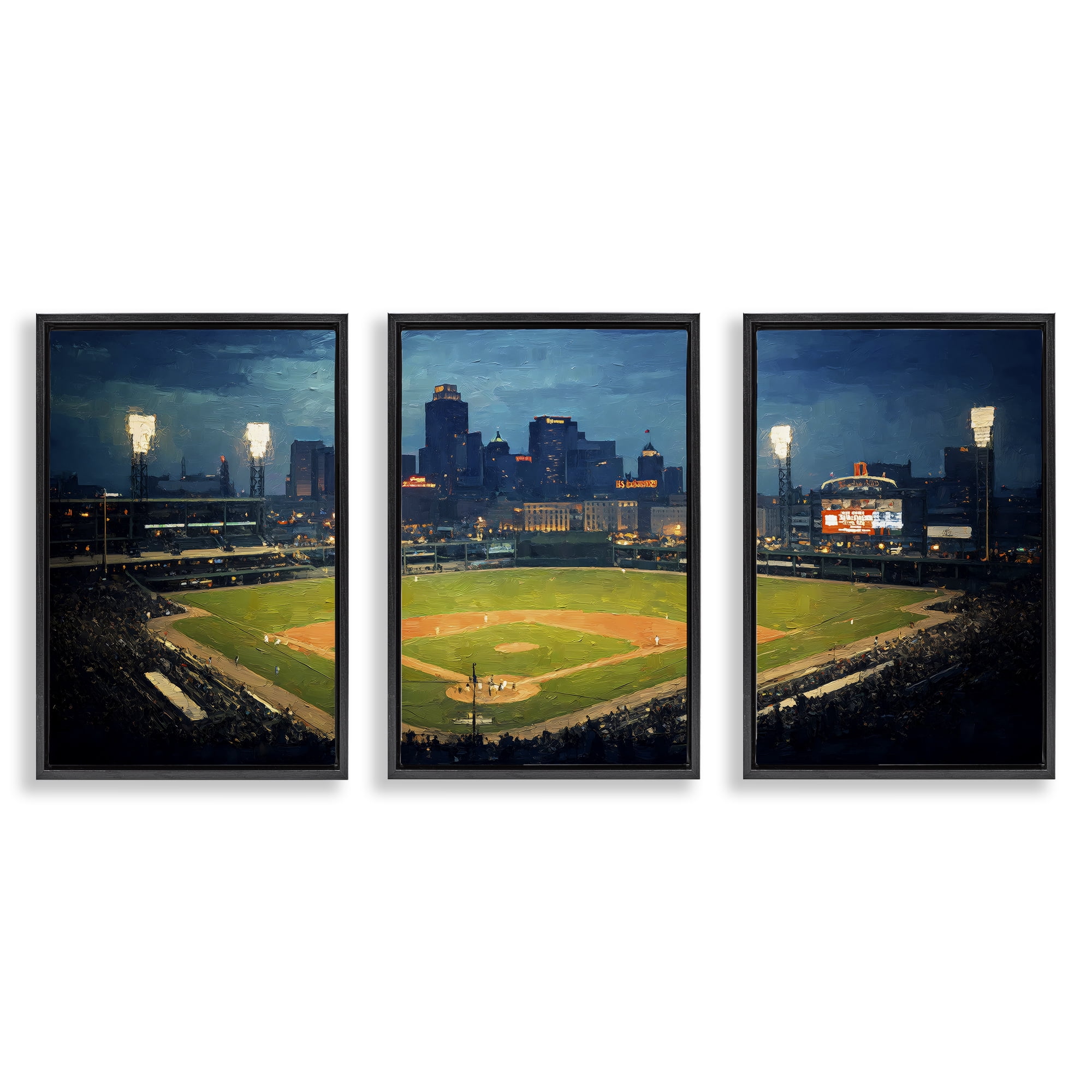 Stupell Industries Baseball Stadium Night View 3 Piece Black Framed Floater Canvas Set, design by Arlington Prints