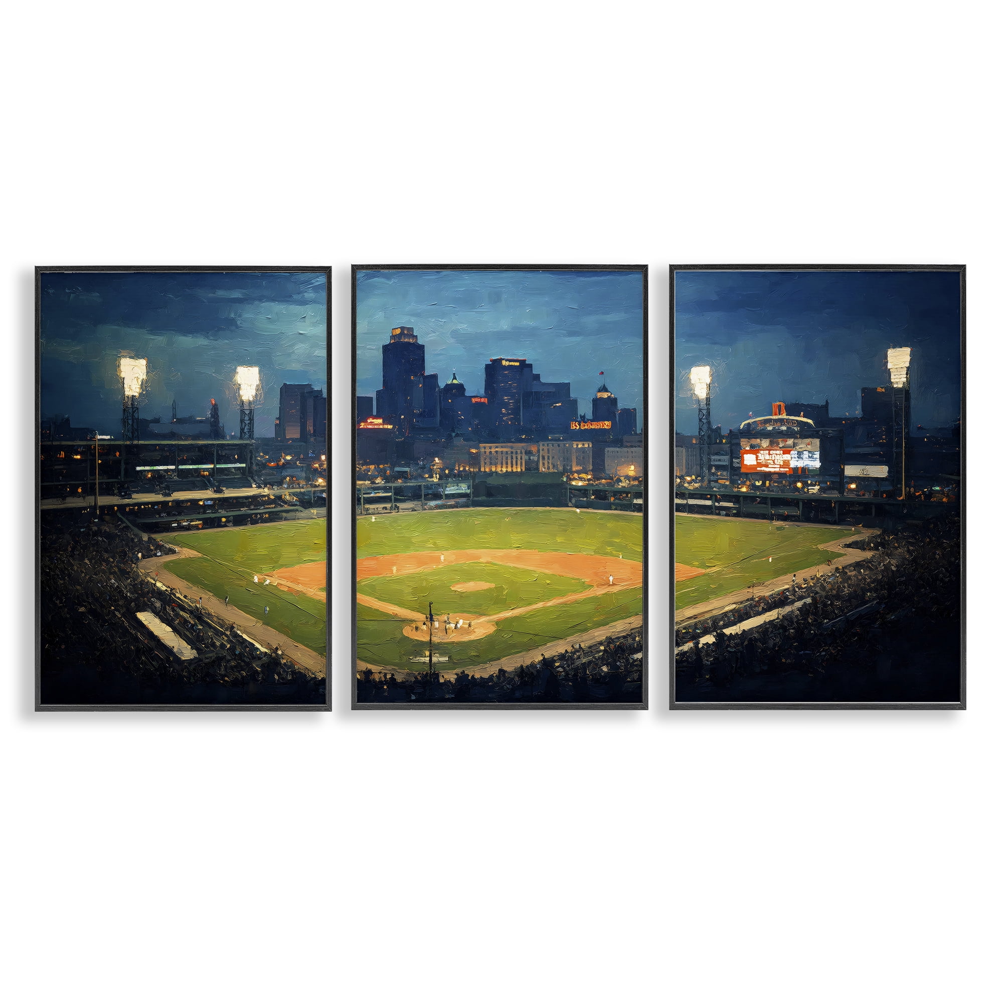 Stupell Industries Baseball Stadium Night View 3 Piece Black Framed Giclee Art Set, design by Arlington Prints