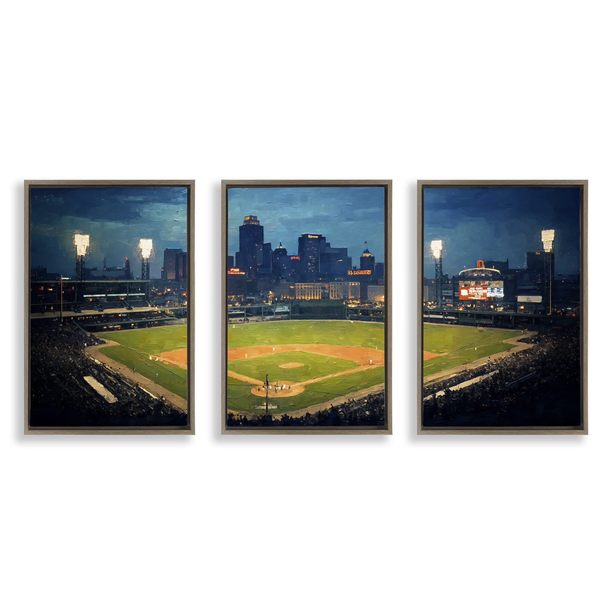 Stupell Industries Baseball Stadium Night View 3 Piece Brown Framed Floater Canvas Set, design by Arlington Prints