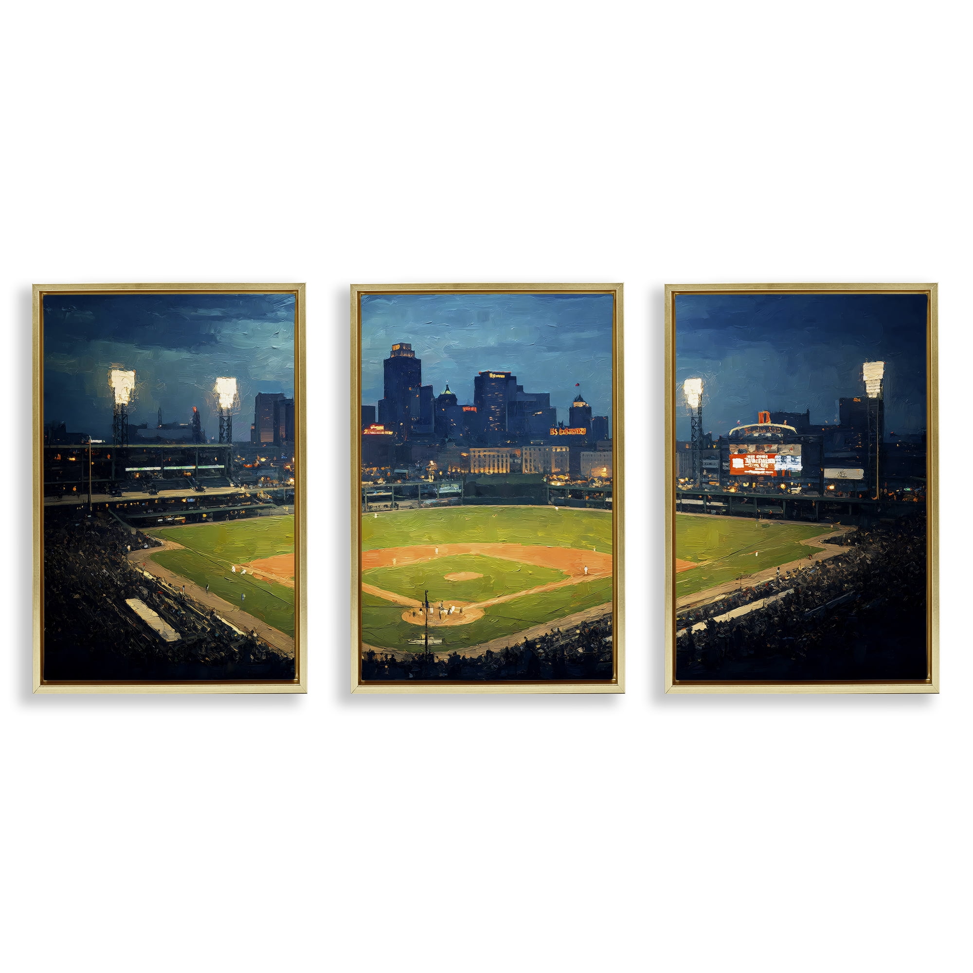 Stupell Industries Baseball Stadium Night View 3 Piece Gold Framed Floater Canvas Set, design by Arlington Prints