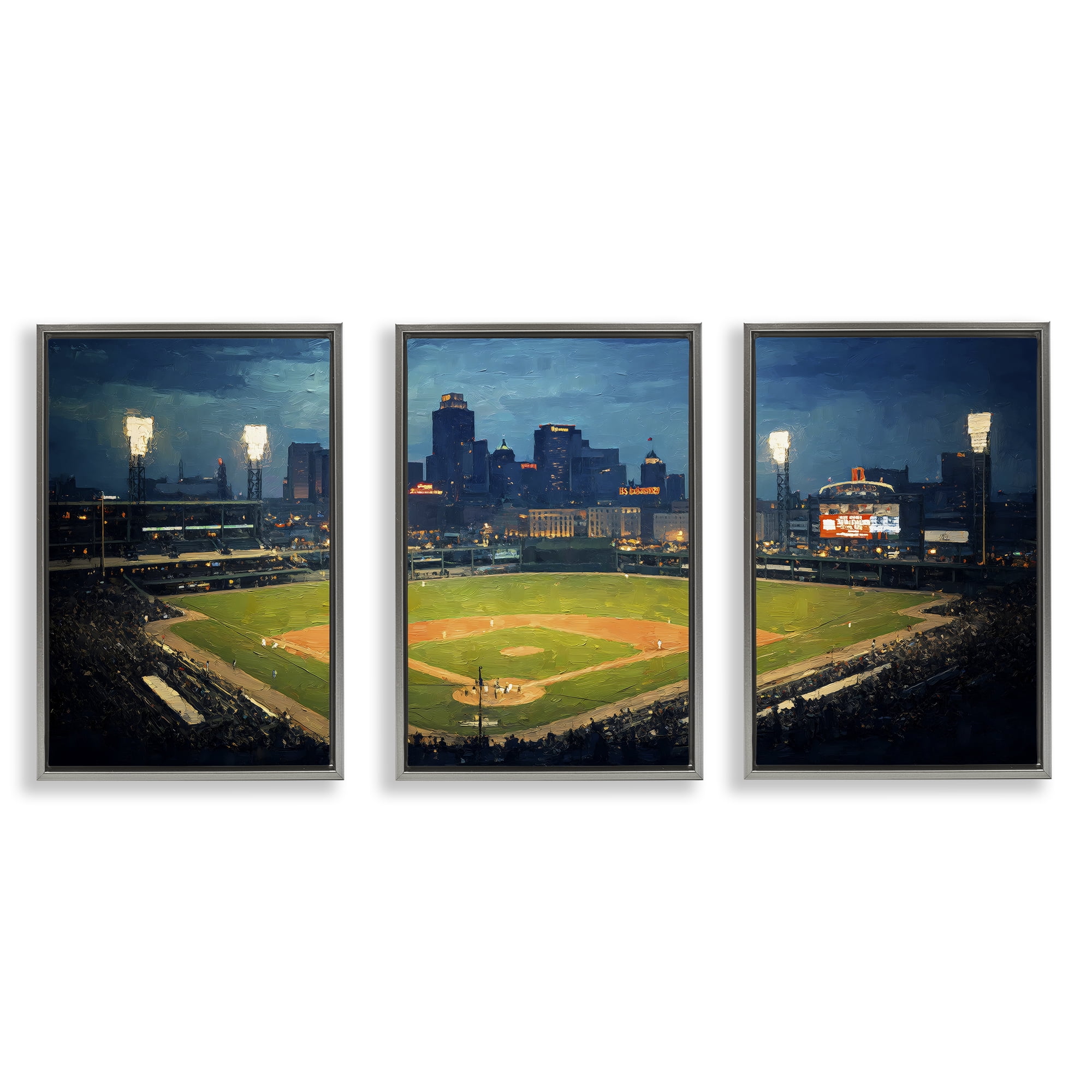 Stupell Industries Baseball Stadium Night View 3 Piece Gray Framed Floater Canvas Set, design by Arlington Prints