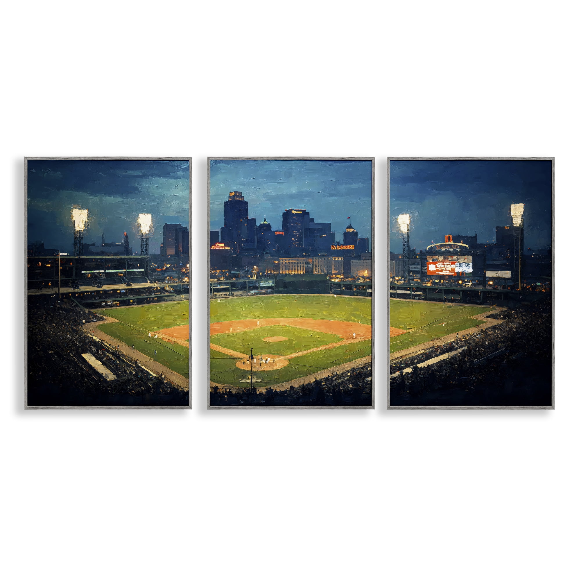 Stupell Industries Baseball Stadium Night View 3 Piece Gray Framed Giclee Art Set, design by Arlington Prints