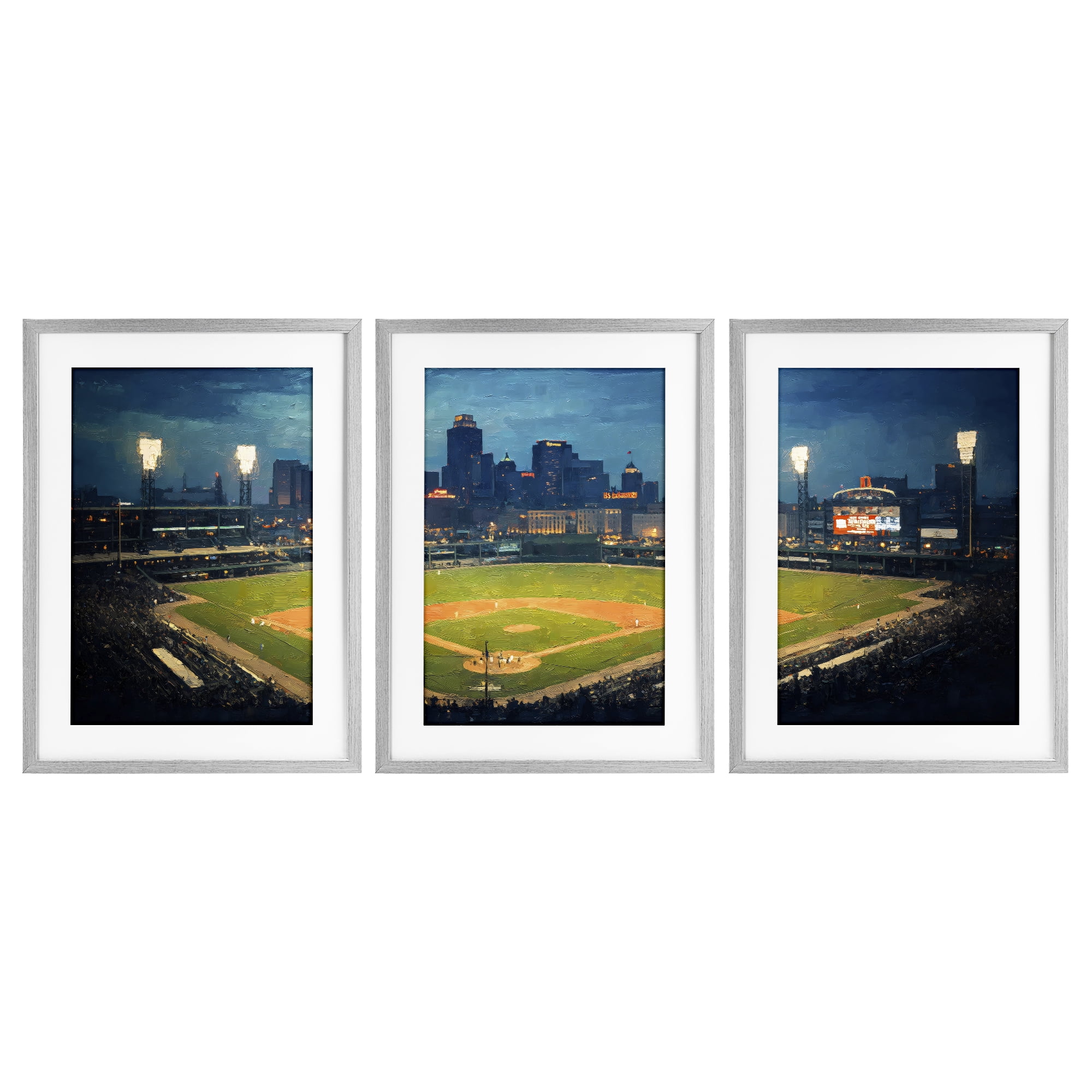 Stupell Industries Baseball Stadium Night View 3 Piece Gray Framed Print Under Glass Set, design by Arlington Prints