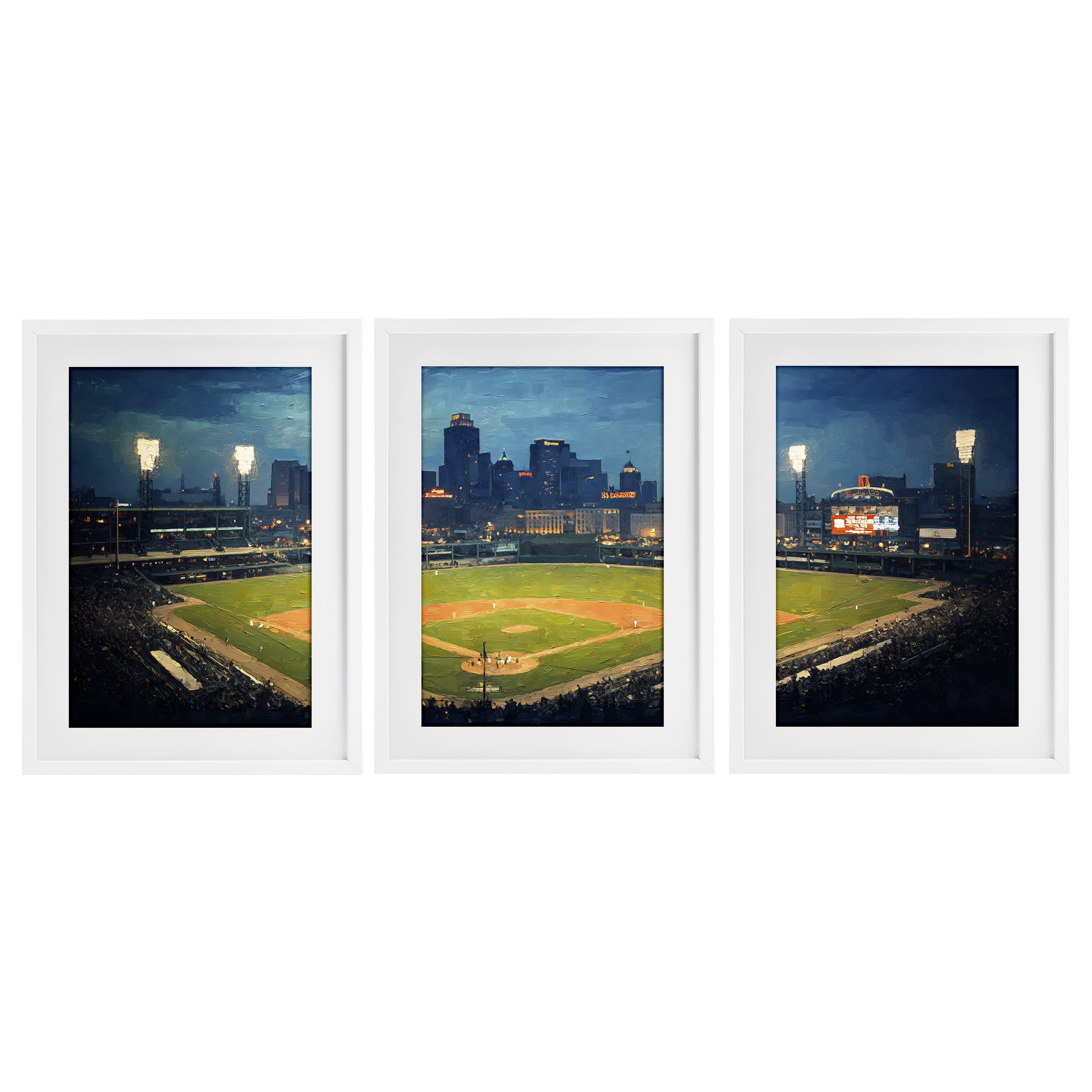 Stupell Industries Baseball Stadium Night View 3 Piece White Framed Print Under Glass Set, design by Arlington Prints