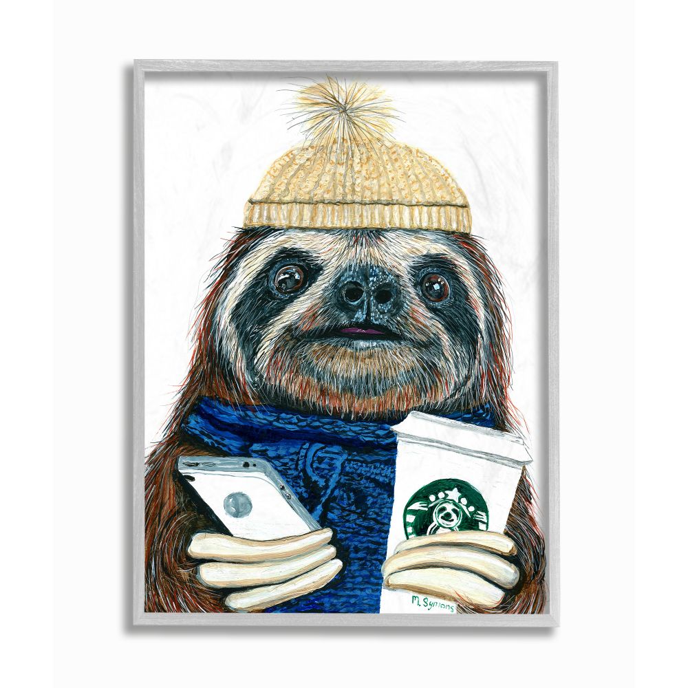 Stupell Industries Basic Sloth Coffee Culture Illustration Winter Clothing Framed Wall Art Design by Melissa Symons, 16" x 20", Gray Framed