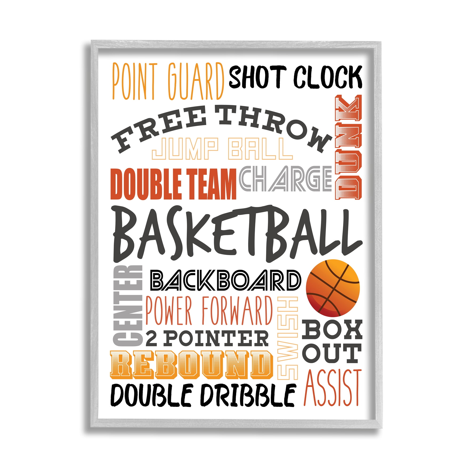 Stupell Industries Basketball Game Terms Orange Typography Kids' Sports Sports Painting Gray Framed Art Print Wall Art, 11 x 14