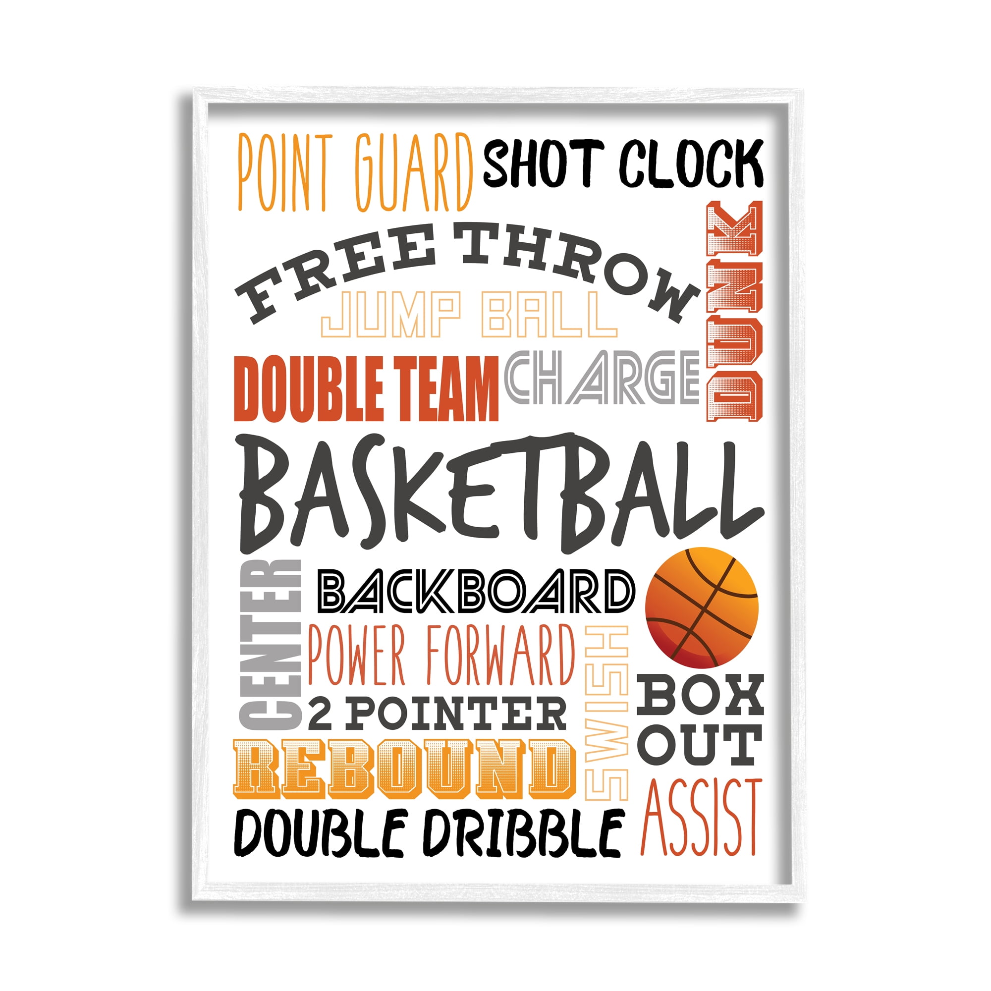 Stupell Industries Basketball Game Terms Orange Typography Kids' Sports Sports Painting White Framed Art Print Wall Art, 11 x 14